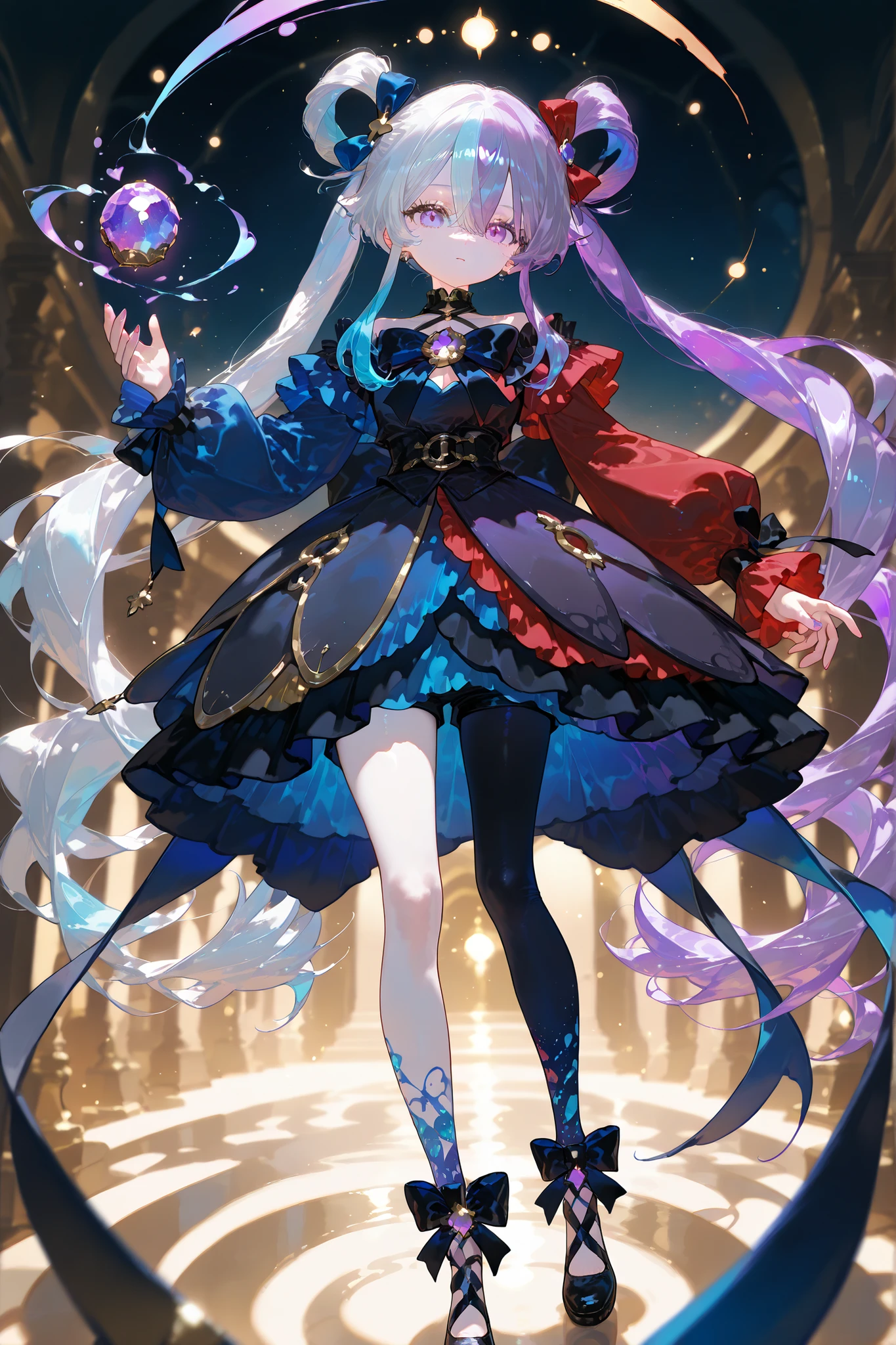 (MULTICOLORED HAIR, TWO-TONE HAIR,SPLIT-COLOR HAIR) The girl is a magician. She has pale skin and a petite, flat-chested build. She has big purple eyes with long eyelashes. She has two-tone red-and-blue color hair tied in two twintails. She is wearing a long two-tone red-and-blue color vintage-style dress with a black collar, red ruffles,blue bows,and long white sleeves. She's wearing two-tone red-and-blue color tights. She's wearing black Mary Jane shoes with three straps. She has a gold brooch with a red and blue stone. She holds a crystal apple in her hand. (IN the background:The palace is in a cave, purple amethyst crystals grow everywhere.)