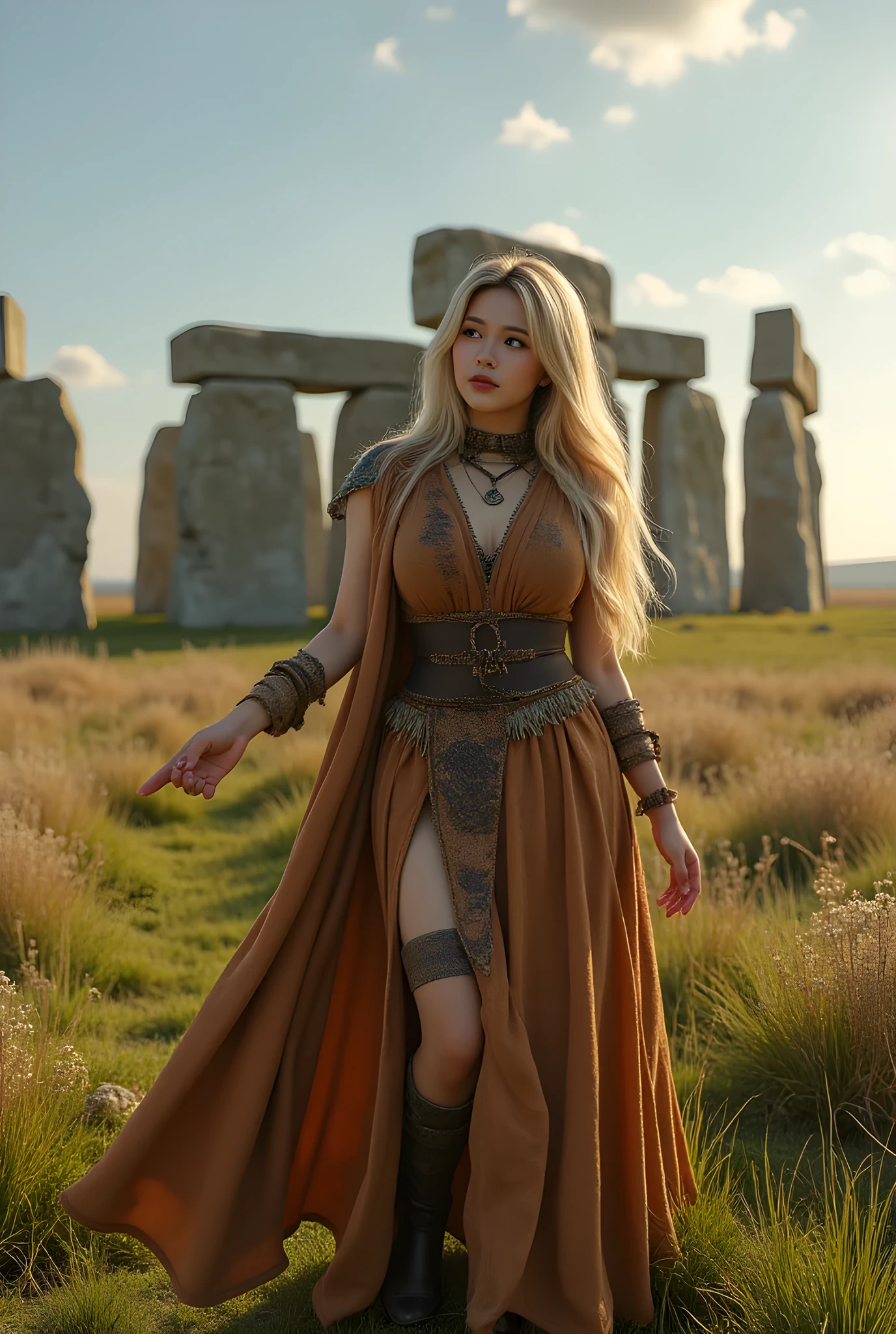 Ancient prehistoric age era, 
(Stone civilization age era:1.6), 

((Realistic cinematography ultra-wide depth intense details of realistically precise scenery of large Stonehenge)),orderly stonehenge on the background,a detailed of Germanic happy female pointing her hand,to large Stonehenge,,(Megaliths),(),((vivacious)),wearing fully, long primitives tribal long tunic cloak dress,,,(perfectly depth symmetrically curvy busty full body shapely),(cinematic dynamically camera widely angle scenery:accurately depicted:1.3),the lively prehistoric cradle of history depicting scenery,afternoon,realistically full depth,(cinematography dynamic angle|hyperrealistic:realistic scenery:3d texture over the scenery),best videography angle,hdr,golden hour, (cinematography vibe),primitive fabric wardrobe,(dynamic image composition),(octane 3d rendering|50mm lens shot:1.3),(precise lifelike skin texture:lifelike hairs:realism),(best rule of third photography composition),(best image aperture),(full details depth of field),(best shutter speed),(RAW photo image),(photorealistic|photorealism:hyperrealism style),(realistic depth 3d:cgi:1.3),(trending on cgsociety:devianart:unreal engine 5),,(best photography:national Geographic style), stonePunkAi and bronzePunkAi artwork, digital art,best lighting concept,(realistic intricately fixed truly fully human's anatomy body+hands+and+fingers anatomical),natural motion,inspired by farcry5 game artwork. 