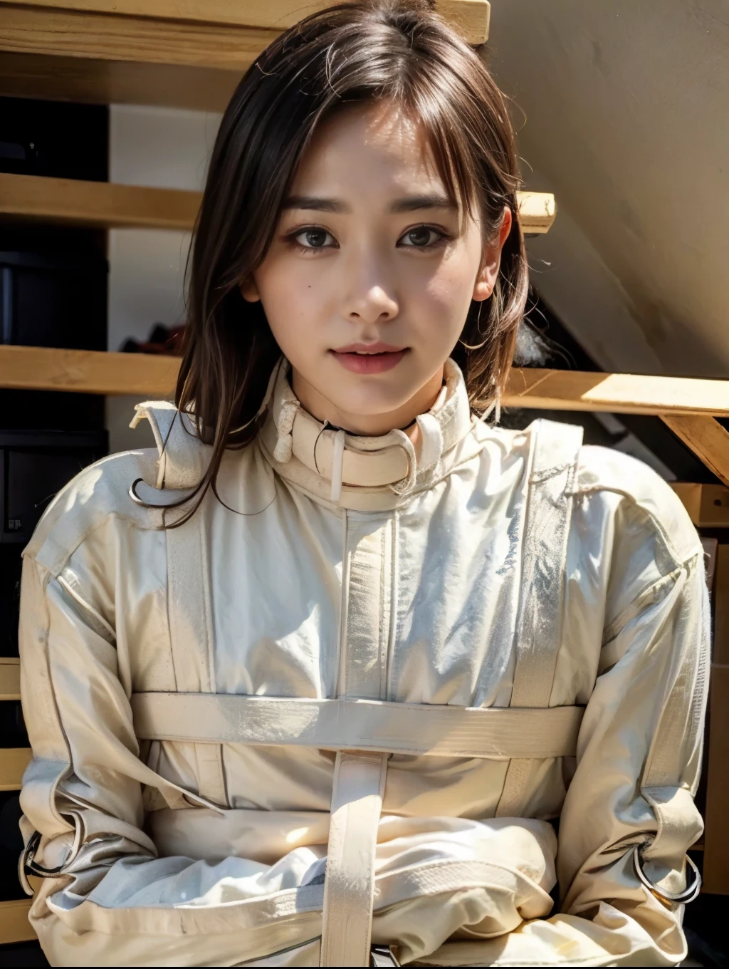 Highest Quality 、masterpiece、( Photorealistic:1.4)、 One Girl Doing Pranks、(smile:0)、(Ulzan-6500-v1.1:1.0)、Brownish、 brown eyes 、2、beautiful women、 drop down、Yui Aragaki、Yui Aragaki,(( Woman in a straitjacket:1.4))、((Basement))、((Penitentiary))、((((black choker)))