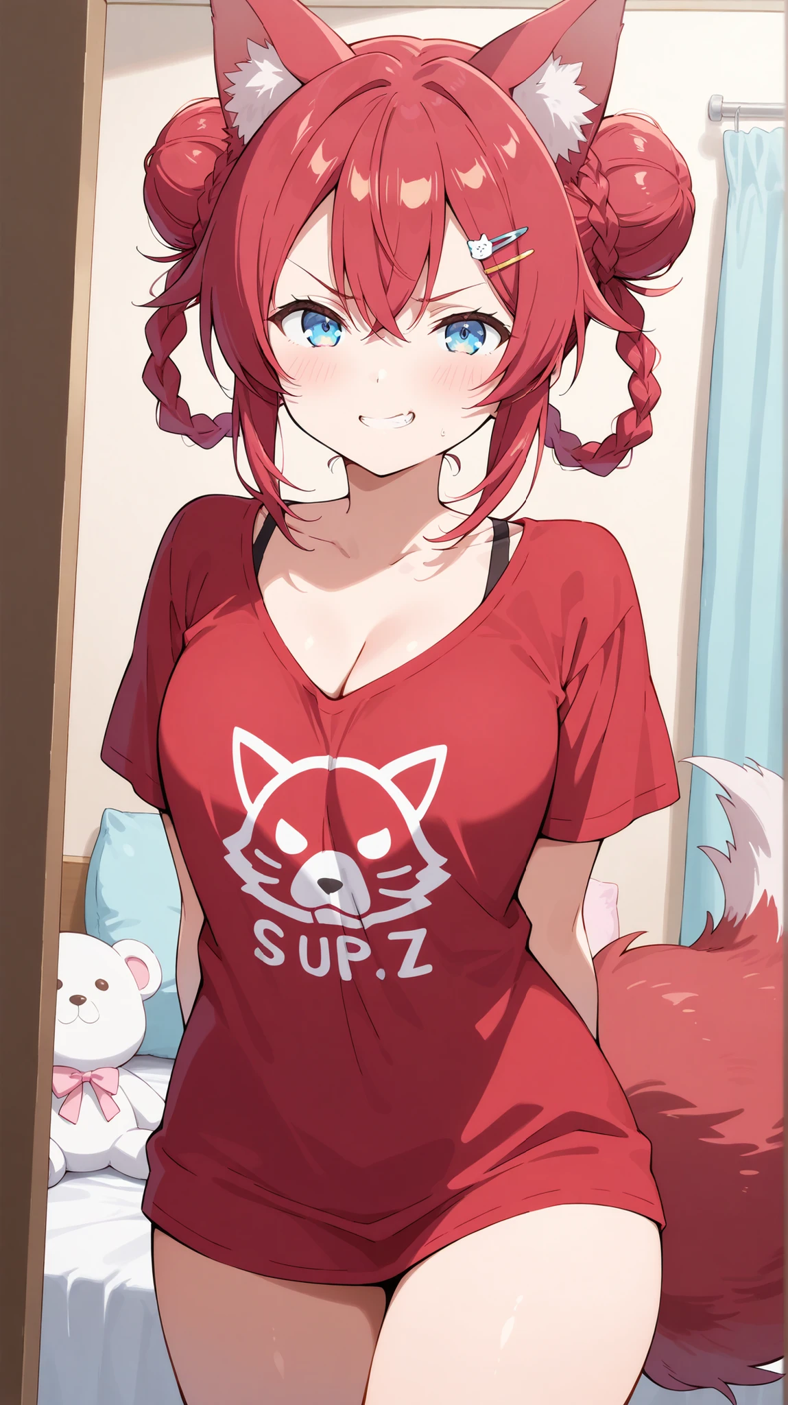 masterpiece , best quality , highly detailed , ultra high res , Score_9, Score_8_up, Score_7_up, perfect anatomy, detailed fingers, detailed eyes,
cowboy shot, dutch angle, focus on face,
1 girl, fluffy tail, wolf ears, flat chest, big breasts, cleavage, double bun, red hair, blue eyes, hair all up, tied braids, over sized t shirt,
in boy's room, careless,
blush, grin, arms behind her back, angry pout, she posing,
in her room, pastel decorated room, animal stuffed toys, she is chilling, side , hair clips,