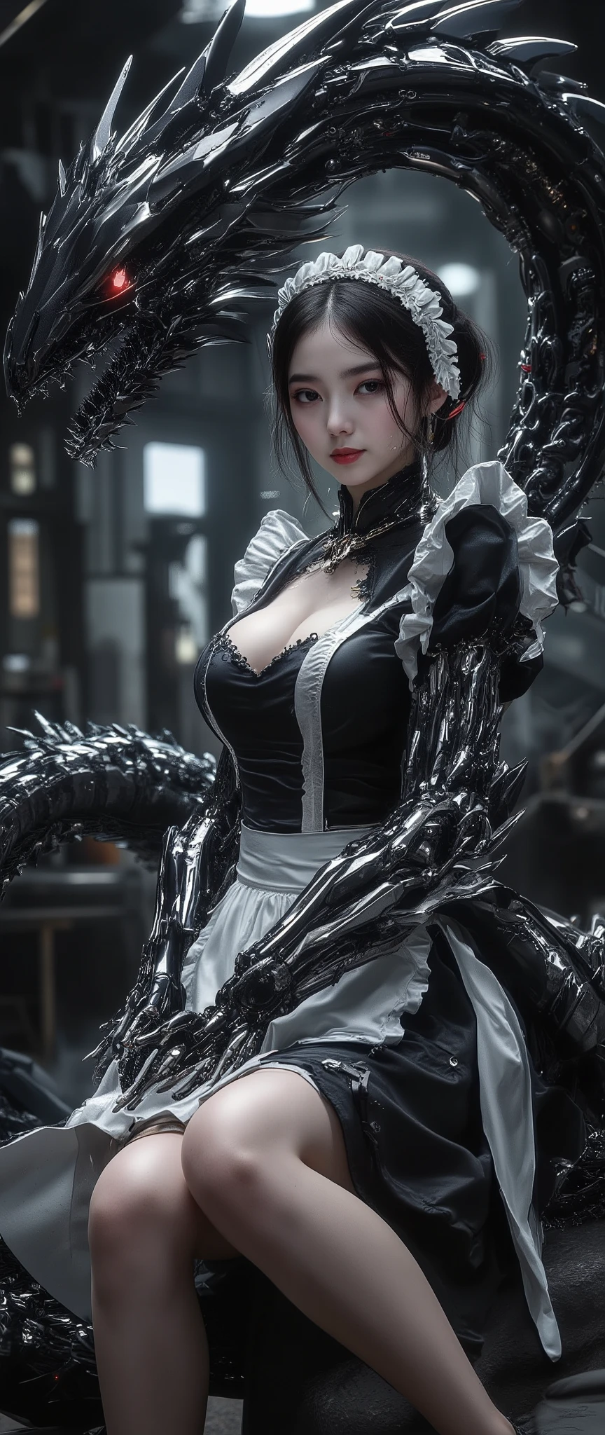 ( 32K High Resolution, Photorealistic, Highest Quality, masterpiece, ultra high res), monochrome, Black and White, mysterious肖像画, highly detailed skin and face textures, perfect dynamic composition, professional camera work with precise details, Ultra High Accuracy, Black mech-shaped dragon, The mecha dragon is broken and short, Pose where a woman repairs a dragon, Old-fashioned, wonderful, tradition, majestic, black and white maid costume, Her left arm is an elaborate prosthetic hand, cute and sexy slim maid, Fair skin, (small face:0.7, sexy face:0.5), clear expression, training, big L cup boobs,   waist 55cm , 92 cm butt, details on all aspects, Romantic, Artistic, mysterious, Object of praise, original, Dramatic, Innovative, charm, Heartful, gorgeous, sense of loss,  Special, exciting, Extreme, Accurate Representation of Hands and Feet, Mysterious Symmetry, repair shop background