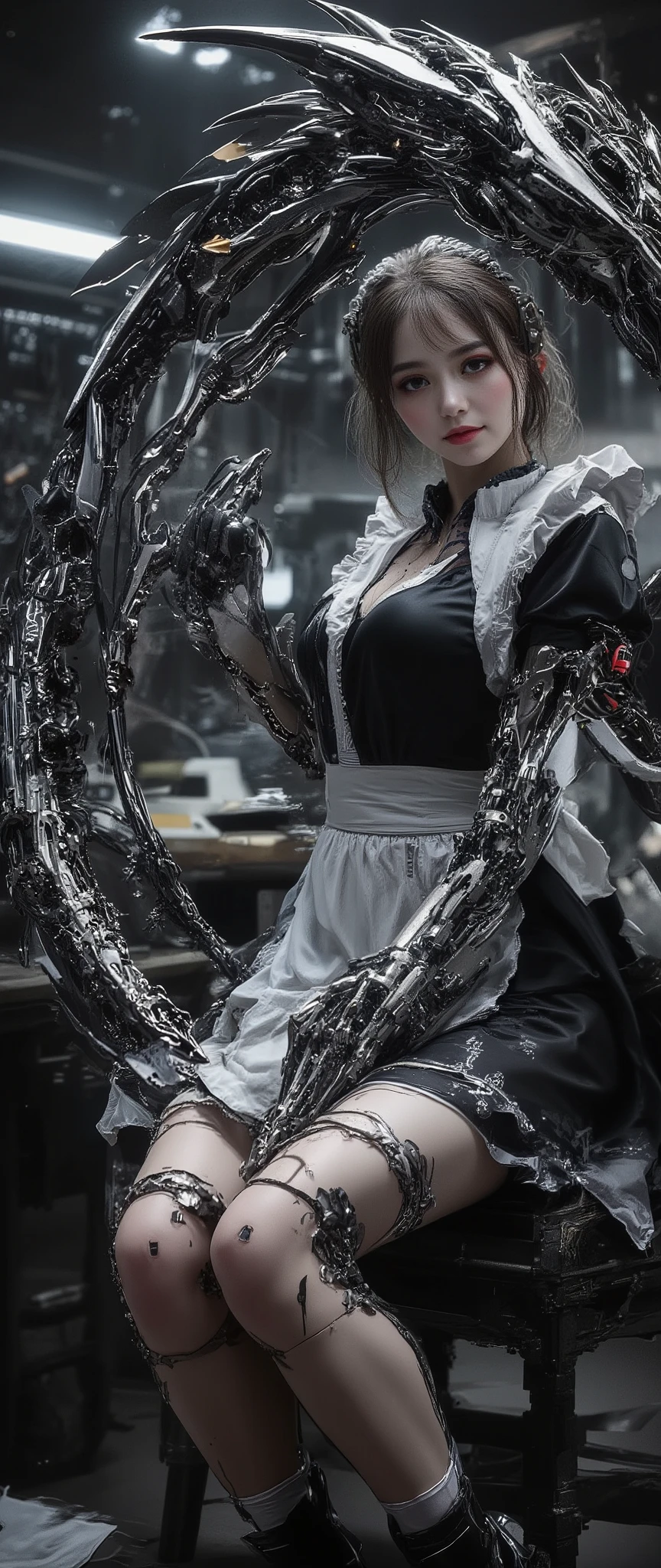 ( 32K High Resolution, Photorealistic, Highest Quality, masterpiece, ultra high res), monochrome, Black and White, mysterious肖像画, highly detailed skin and face textures, perfect dynamic composition, professional camera work, Ultra High Accuracy, Black and white mecha dragon, The mecha dragon is broken and short:1.3, Pose where a woman repairs a dragon, Old-fashioned, wonderful, tradition, majestic, black and white maid costume, Her left arm is an elaborate prosthetic hand, cute and sexy slim maid, Fair skin, (small face:0.7, sexy face:0.5), clear expression, training, big L cup boobs, waist 55cm , 92 cm butt, details on all aspects, Romantic, Artistic, mysterious, Object of praise, original, Dramatic, Innovative, charm, Heartful, gorgeous, sense of loss, Special, exciting, Extreme, Accurate Representation of Hands and Feet, Mysterious Symmetry, repair shop background