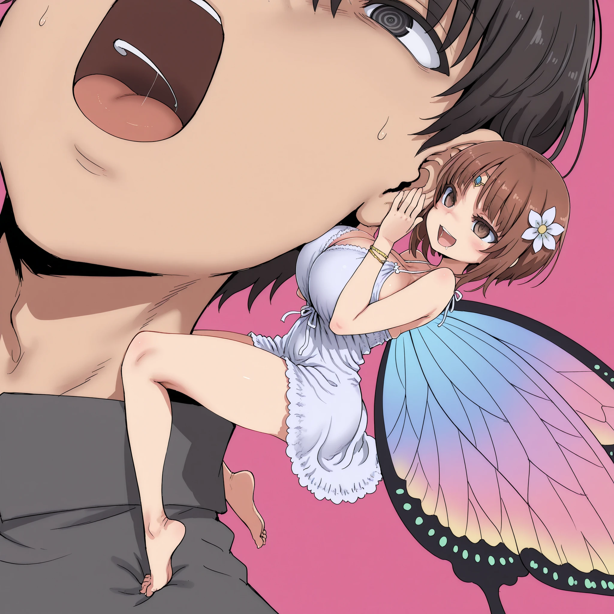 score_9, score_8_up, score_7_up, 1 girl and 1 boy, (top quality, 8k), high resolution, detailed, best quality, abstract pink background. (ringed eyes), open mouth, (evil smile:0.8), fairy girl, girl full body, femdom, source_anime, miniature girl, size difference, tiny girl,
seduce,seductive, 1 girl, tiny detailed fairy features, girl is whispering to the boy, hands up, , (oppai- loli:1.4), (open mouth), whispering to ear, perfect hands, beautiful hands, babydoll nightgown, side boob, circlet, bracelet, colorful wings, butterfly wing, medium hair, flower ornament,
high quality, absurd resolution, beautiful hands, half-closed eyes, bare hands, assertive female, (huge breasts), full girl body,
looking at the boy, (ringed eyes), masterpiece, (bare feet), nishizumi_miho,
(boy ahegao drooling:0.8), (boy dilated pupils) eyes, (boy ahegao blushing:0.9,) open mouth, (boy ahegao:0.9), malesub, blushing, boy shy and nervous, submissive boy, (she is whispering into boy's ear), (whisper).
(art style of asanagi:1.1), (boy's face only), size difference, (the girl is as small as his head), perfect body, perfect anatomy, (doskoinpo style:0.8)