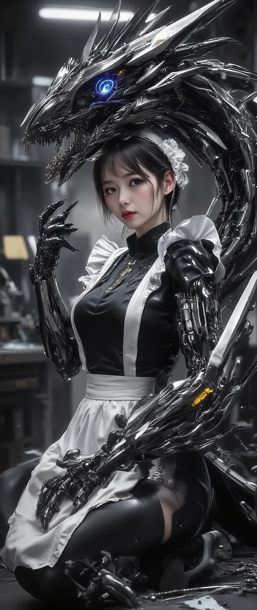 ( 32K High Resolution, Photorealistic, Highest Quality, masterpiece, ultra high res), details on all aspects, monochrome, Black and White, mysterious肖像画, highly detailed skin and face textures, perfect dynamic composition, professional camera work, Ultra High Accuracy, (Black and white mecha dragon:1.3, and the mechanical dragon is broken and short:1.3), Pose where a woman repairs a dragon, Old-fashioned, wonderful, tradition, majestic, black and white maid costume, Her left arm is an elaborate prosthetic hand, cute and sexy slim maid, Fair skin, (small face:0.7, sexy face:0.5), clear expression, training, big L cup boobs,  waist 55cm , 92 cm butt, Driver, Romantic, Artistic, mysterious, Object of praise, original, Dramatic, Innovative, charm, Heartful, gorgeous, sense of loss, Special, exciting, Extreme, Accurate Representation of Hands and Feet, Mysterious Symmetry, scattered screws, scattered equipment, repair shop background