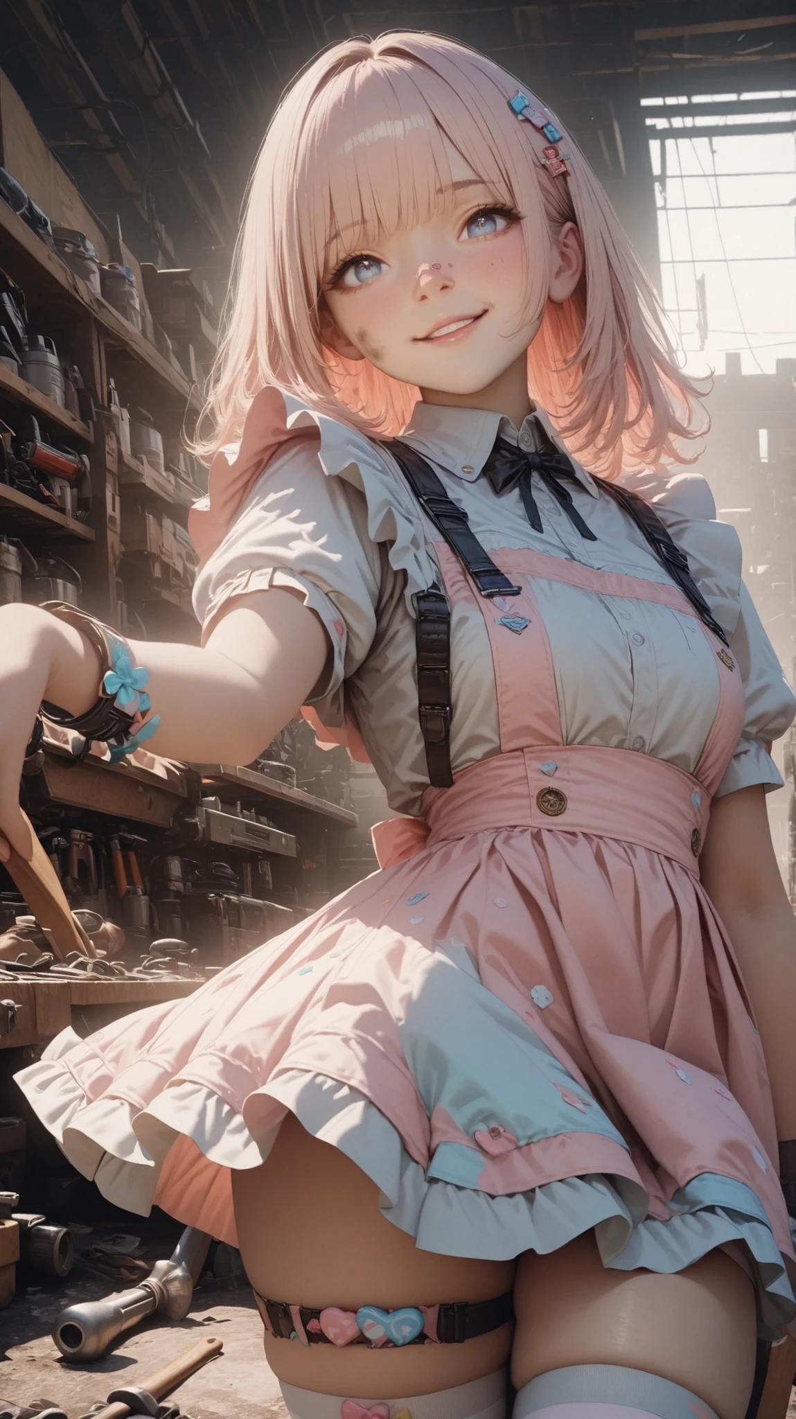 1girl,Master Mechanic,Veteran Mechanic,Messy Maintenance Yard, Long Pink Gold Hair, blue eyes, cute maid dress, Thigh High Socks, ribbon, tools,Dirty Nose, perfection, pastel color, Candy Themed Accessories, Thigh Bandage, Cheerful Look, Inside the maintenance workshop, soft lighting, Kawaii Aesthetics, detailed facial features, High Contrast Shading, realistic feel,high resolution,Newest,detailed clothing, Sophisticated Jewelry, Photorealistic Quality, 4K, 8k, high resolutionR, Super Detailed, high resolution,official, 1080P, high resolution, 16k,watch viewers,Gentle smile