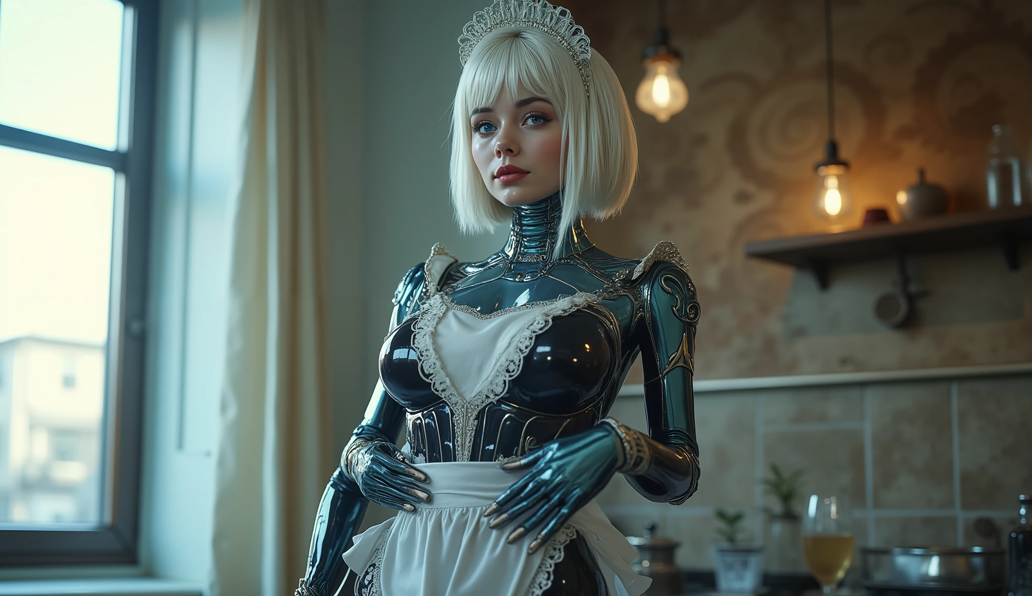 (((nsfw))),(((nipple))),(((pussy))),Detailed proportions and textures with multi-colored spray paint and airbrushing present a semi-realistic illustrationa a beautiful woman-shaped cyborg with latex skin wearing a tight, full-body cafe maid-style "maid" uniform made of fine fabric dominated by metallic blue-black tones mixed with matte white tones (full body, with a confident and kawaii posture, playful gaze, bright blue eyes, defined eyebrows, long eyelashes, perfect face, full lips, huge round breasts, flat stomach, wide hips, slim waist, thick thighs) Her hair is white, cut in a bob with bangs. Her maid uniform is a metallic blue-black one-piece dress, paired with a white, ruffled apron, and a white, ruffled Katyusha sash, along with matching gloves and boots. In the background, there is a room, the only window open. The figure stands with her hands on her waist, looking at the camera with a subtle smile. The composition of the image is a crisp, clean, and high-quality masterpiece. very balanced saturation across very defined color palettes (Color with intense monochromatic shaded tones and brightness, red hue 25% + yellow 25% + blue 25% + biofluorescent 12.5% + transparencies 12.5%. Aesthetic fusion by (Fibonacci ratio. A cosplay realistic of a young Cyborg. of a young Cyborg (Includes a variety of pink skin and dark beige tones that give it contrast and brightness) type of character. Fluid texture that gives the sensation of movement to the leafy style that molds to the figure (her clothing with relief and folds gives volume and depth to the character). Haute couture photoshoot (high quality full body). Highly detailed and sharp soft focus, approaching perfection, Full HD 8K. High and low angles. by Coco Chanel, Gianni Versace, Alberto Vargas, Greg Rutkowsk fusion of artistic styles