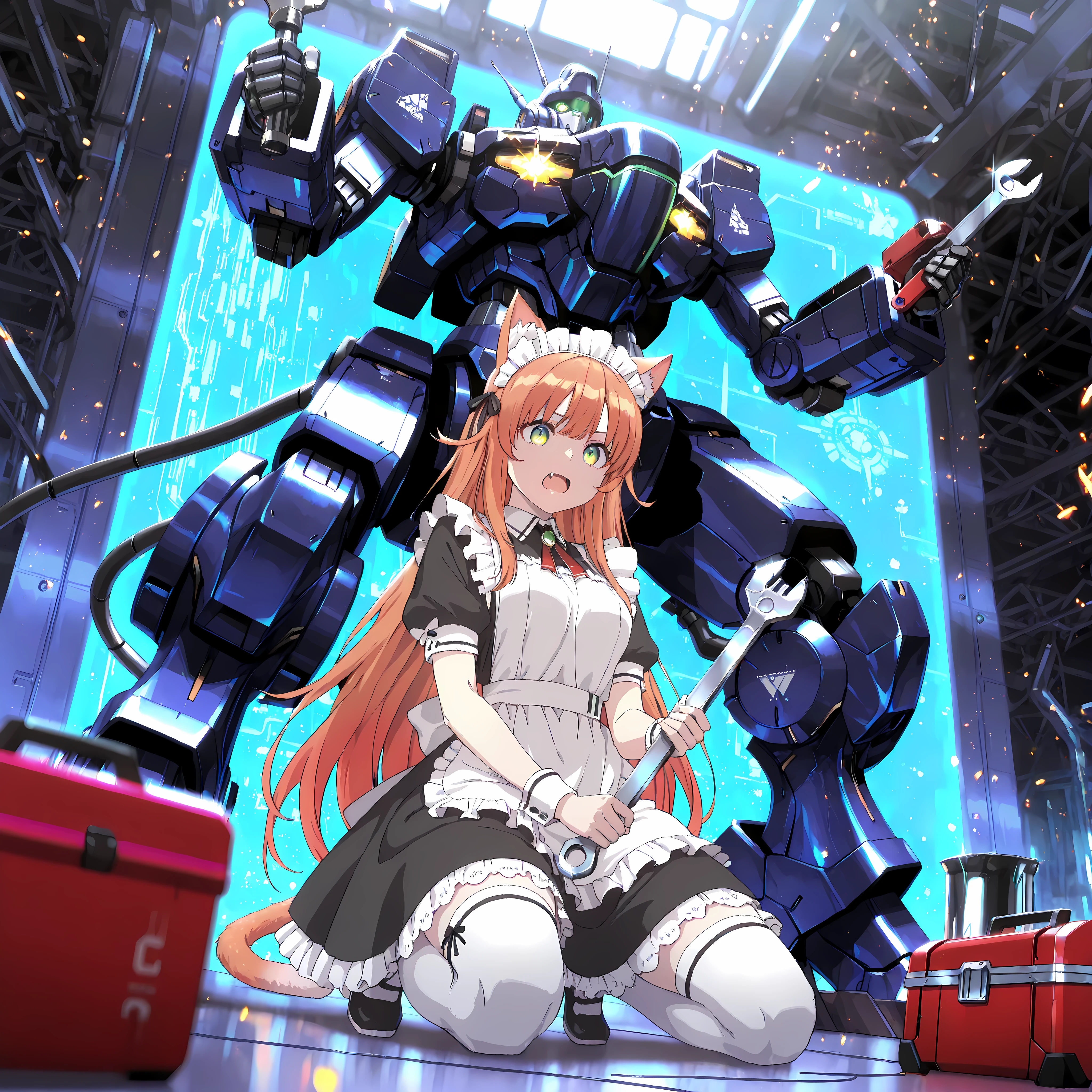 best quality, amazing quality, masterpiece, absurdres, ultra detailed, High Quality, High Resolution, High Definition, detailed eyes, anime eyes, high detail eyes, multicolored iris, detailed iris,  
kanade-default, green eyes, orange hair, long hair, animal ears, hair ribbon, fang, a cat tail,  
maid outfit, frilly dress, lace apron, stockings, holding wrench, toolbox beside her, mechanical tools,  
kneeling under giant mecha, repairing, futuristic hangar background, huge robot legs towering, metallic shine, sci-fi atmosphere,  
cinematic lighting, dramatic perspective, ultra detailed mechanical parts, glowing panels, sparks,  
dynamic angle, depth of field, soft shadows, highly detailed background
