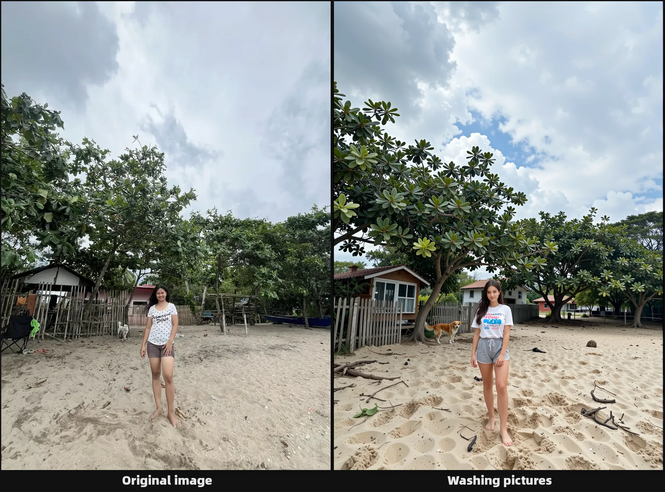 masterpiece, best quality, absurdres, perfect anatomy, 1girl, solo, green hair, medium hair, yellow eyes, medium breasts, off-shoulder bikini, standing, cowboy shot, beach scene, smile