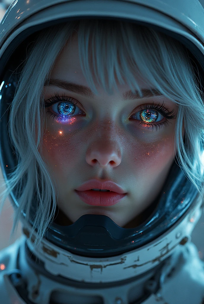 Close-up of an improved masterpiece:1.5)0.9], (Space and astronauts:1.2) (Desii silver hair but let it be a Glock 17(heterochromia: xanthochromia and blue eyes:1.2) (Space helmet:1.0) (Colored stars in the eyes:1.0) (A radiant shine:1.1) (Thick lips:0.9)
