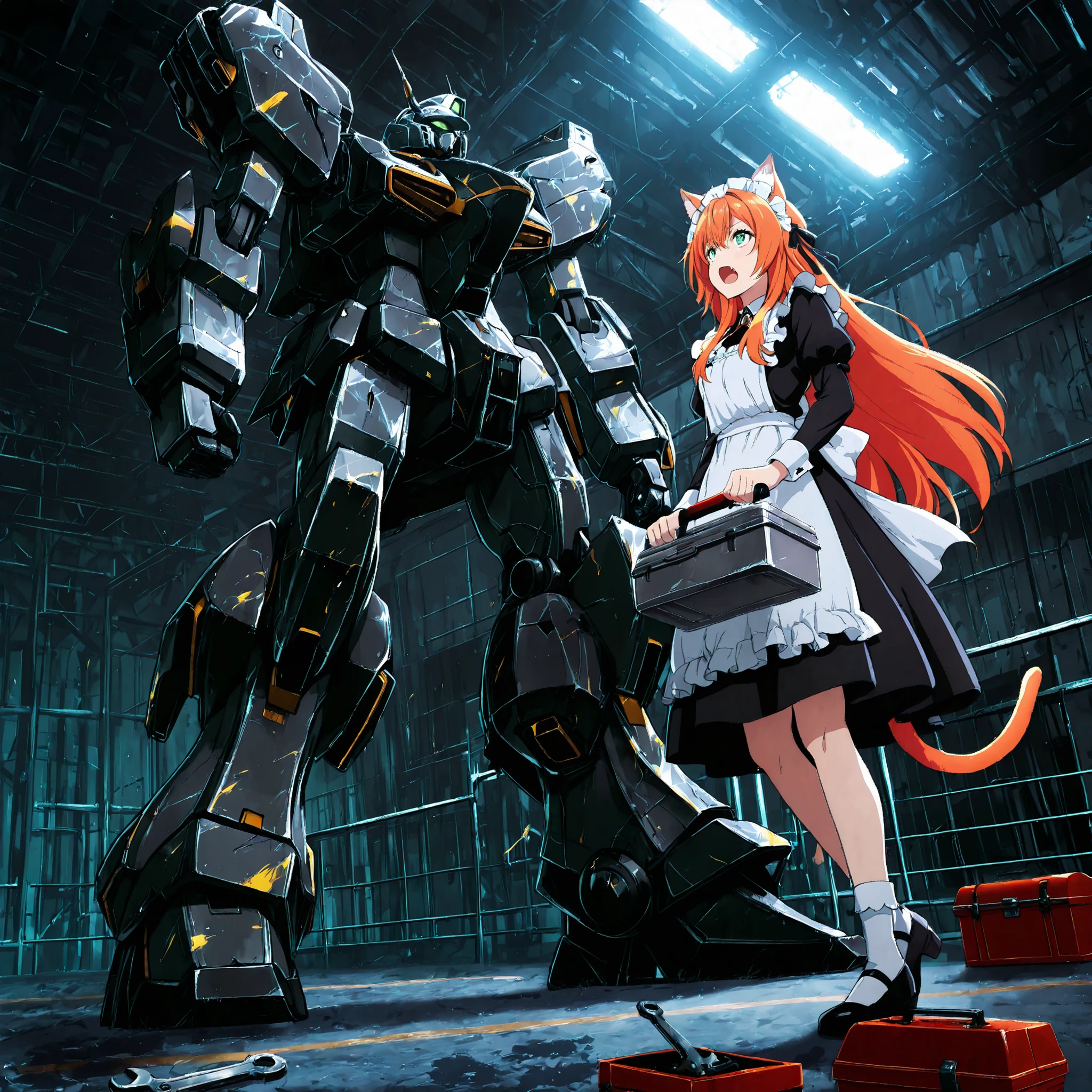 best quality, amazing quality, masterpiece, absurdres, ultra detailed, High Quality, High Resolution, High Definition, detailed eyes, anime eyes, high detail eyes, multicolored iris, detailed iris, kanade-default, 1girl, solo, green eyes, orange hair, long hair, animal ears, cat ears, hair ribbon, fang, a cat tail, maid, maid headdress, frilly apron, black dress, holding a large wrench, toolbox on the ground, standing at the foot of a giant mecha, massive scale, battle-damaged mecha, scratches on metal, oil stains, in a hangar, industrial background, dramatic lighting, low angle, from below, looking up