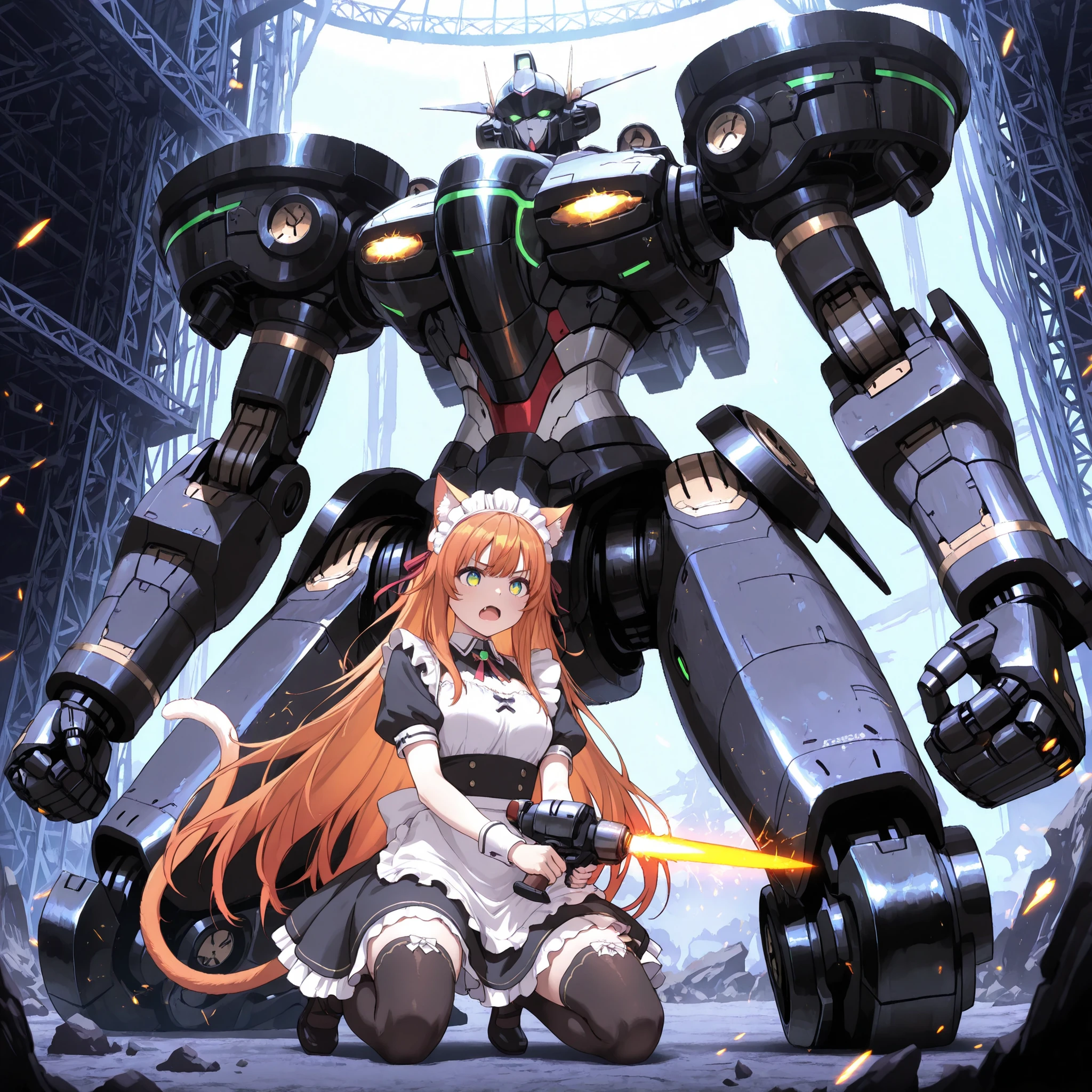 best quality, amazing quality, masterpiece, absurdres, ultra detailed, High Quality, High Resolution, High Definition, detailed eyes, anime eyes, high detail eyes, multicolored iris, detailed iris, kanade-default, 1girl, solo, green eyes, orange hair, long hair, animal ears, hair ribbon, fang, a cat tail, maid outfit, black thighhighs, kneeling, using a power tool on mecha leg, sparks, glowing tool, focused expression, giant robot, massive detailed mechanical parts, hydraulic pistons, post-battle, dark hangar, cinematic lighting, rim light, dynamic angle