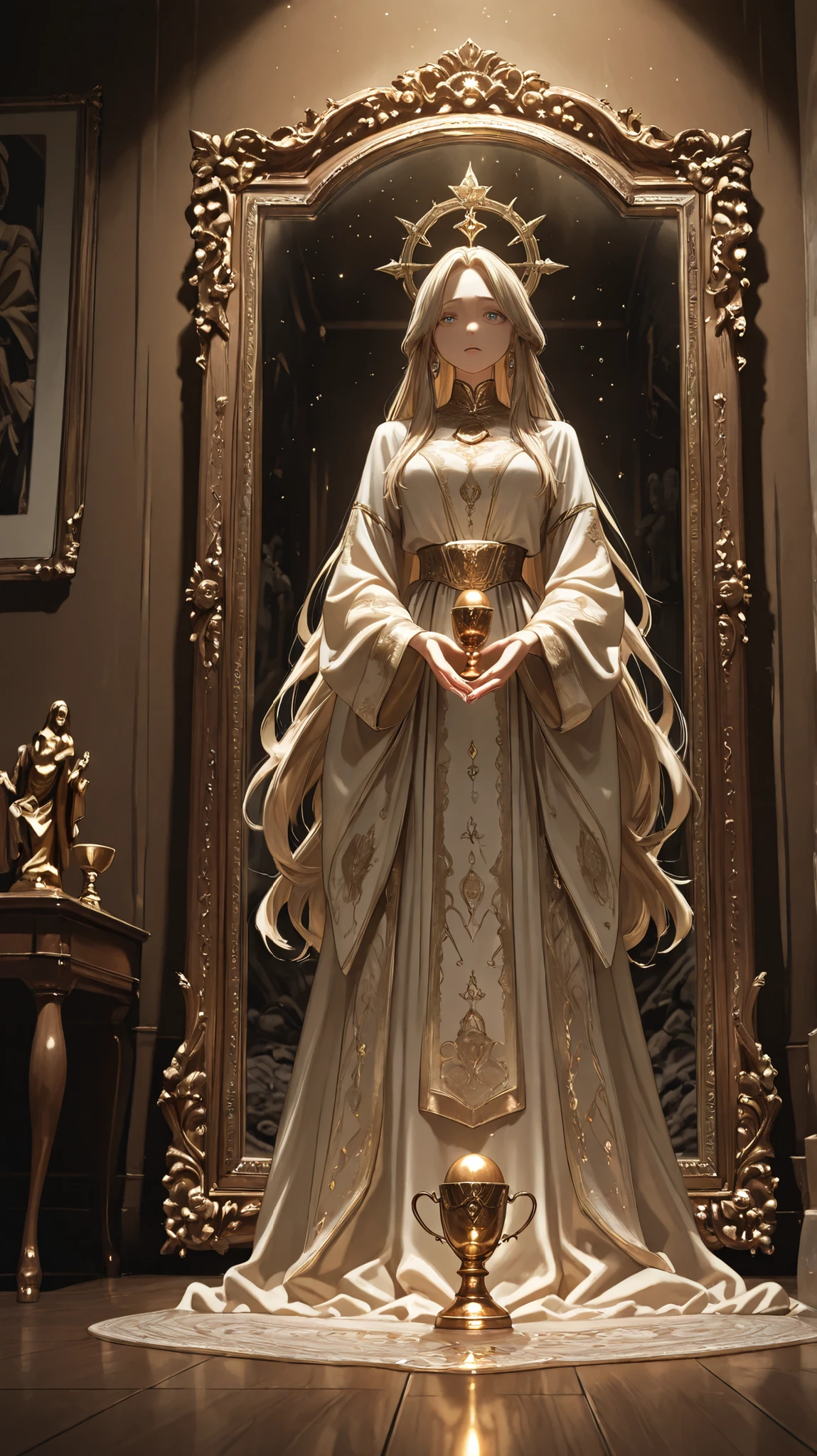 one person in a large place Photorealistic image of a woman standing in, Decay Hall.  she says 、wearing a gorgeous gown embroidered with faded gold and sapphire, long flowing sleeves and、wearing a voluminous skirt that accumulates on the floor.  she says 大きな, standing in front of an antique mirror with a decorative frame, showing a slightly distorted statue. A carved wooden table beside her holds discolored goblet. there are old frescoes in the hall, Exquisitely Carved Wood , and tall arched windows with Dust particles visible in shafts of light. camera angle: low angle. lighting: Dramatic Natural Light , high contrast . emotion: Depressing, longing. details: faded embroidery, discolored goblet, decaying fresco, Dust particles, ornate mirror frame. Depressing expression. soul-shaking beauty. restrained drama. 8k, ultra high res, 非常にdetails, on the front of the body.
