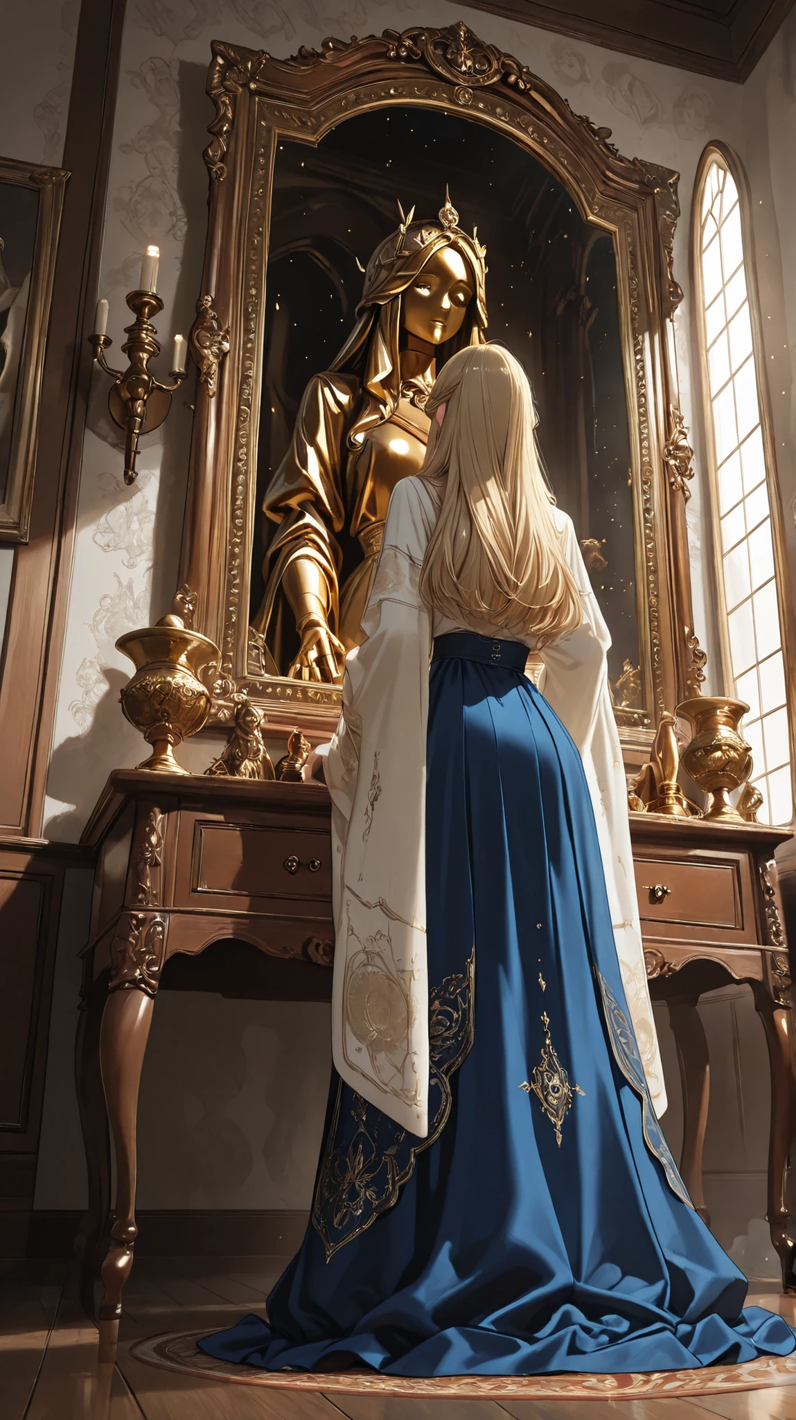 one person in a large place Photorealistic image of a woman standing in, Decay Hall.  she says 、wearing a gorgeous gown embroidered with faded gold and sapphire, long flowing sleeves and、wearing a voluminous skirt that accumulates on the floor.  she says 大きな, standing in front of an antique mirror with a decorative frame, showing a slightly distorted statue. A carved wooden table beside her holds discolored goblet. there are old frescoes in the hall, Exquisitely Carved Wood , and tall arched windows with Dust particles visible in shafts of light. camera angle: low angle. lighting: Dramatic Natural Light , high contrast . emotion: Depressing, longing. details: faded embroidery, discolored goblet, decaying fresco, Dust particles, ornate mirror frame. Depressing expression. soul-shaking beauty. restrained drama. 8k, ultra high res, 非常にdetails, on the front of the body.
