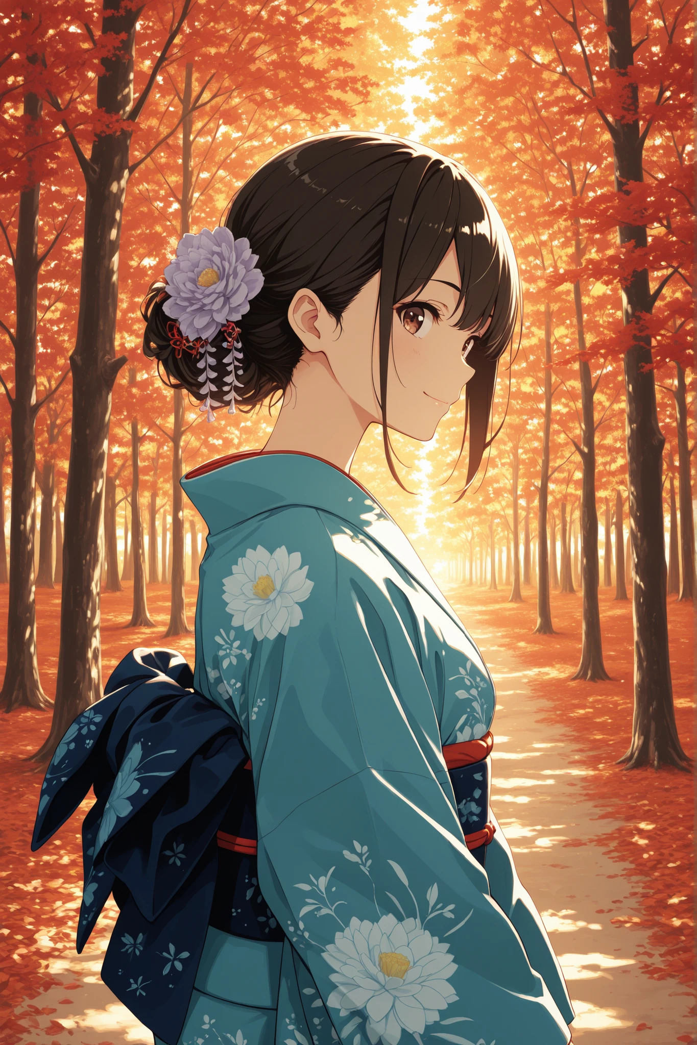 Woman in Japanese Kimono,和服, kimono,黒髪ロング,early 40s woman,early 30s man ,神社の境内 ,秋の紅葉, ultra-aesthetic, anime style, smile,{best quality}, {very aesthetic}, {ultra-detailed}, {best illustration},秋,{{紅葉}},こちらを向く,こちらを向く, girl, being invited, quiet countryside forest, autumn, morning light, traditional, formal,woman's face, focus, portrait, emotion, soft lighting,facing away