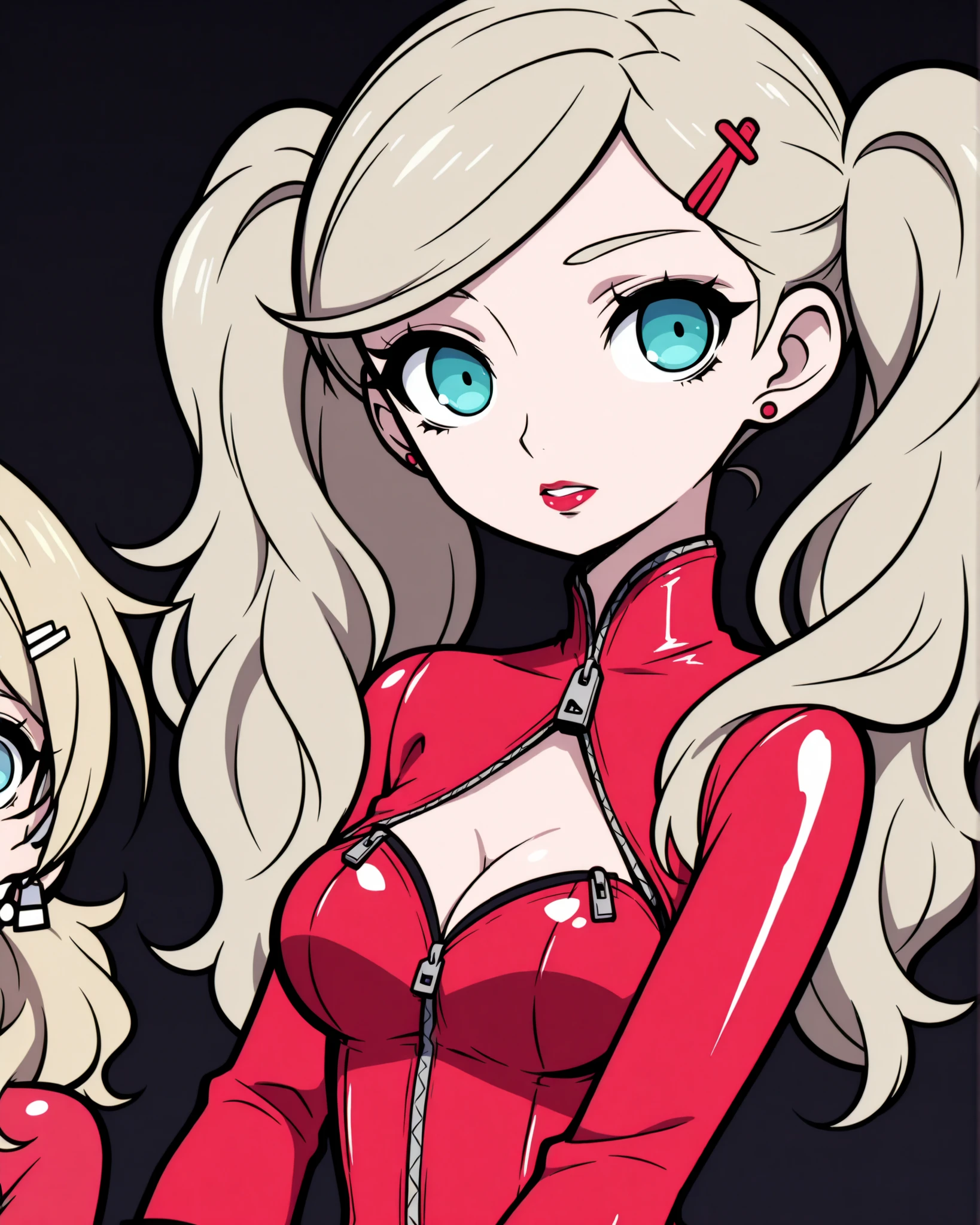CartoonyIllustrious,ann takamaki, blonde hair, blue eyes, hair ornament, hairclip, long hair, swept bangs, twintails, wavy hair, , anime screencap,bodysuit, cleavage, cleavage cutout, clothing cutout, earrings, jewelry, red , red lips, stud earrings, tareme, zipper,solid background, bold outlines, flat colors, elegant and darkly shojo style.