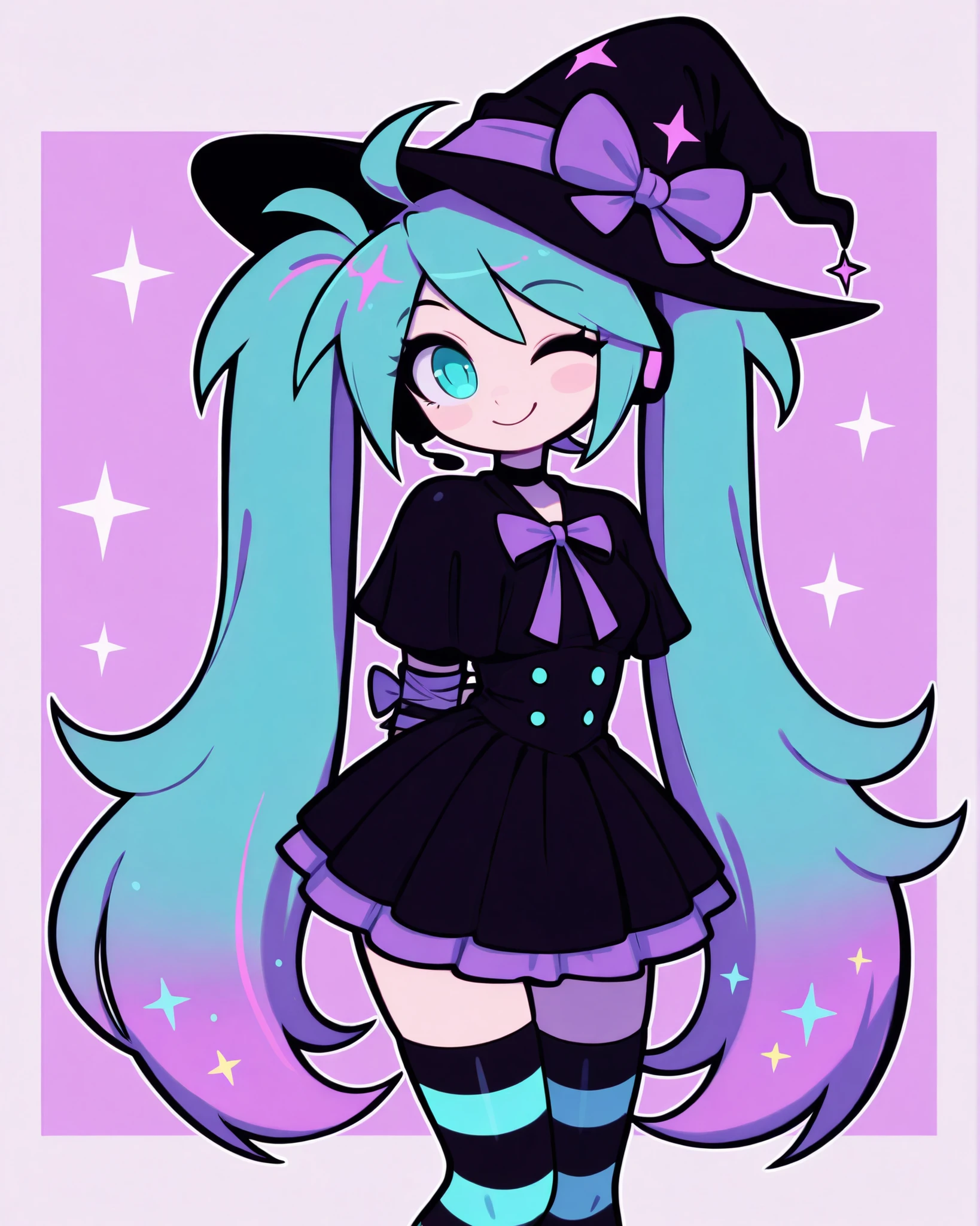 CartoonyIllustrious, miku hatsune, ahoge, aqua eyes, long teal twin-tails tied with black and purple ribbons, witch hat slightly tilted, short gothic dress with striped stockings, playful wink, pastel violet solid background with subtle star sparkles, flat pop-art colors, bold outlines, shojo Halloween festive vibe.