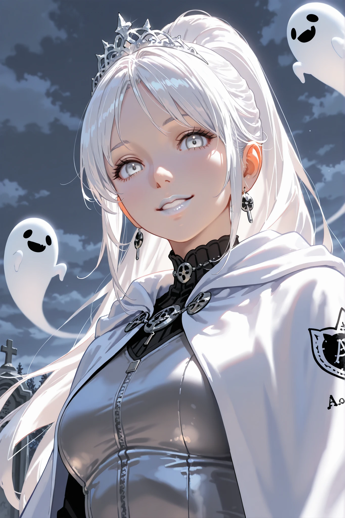 1, alone, professional quality, high quality, ultra realistic,  a ghost, white hair, big ponytail, white eyes, white lipstick, white cloak, simple black tiara, medium breast, smile,image from below, looking at the viewer, a cemetery with a cloudy sky in the background