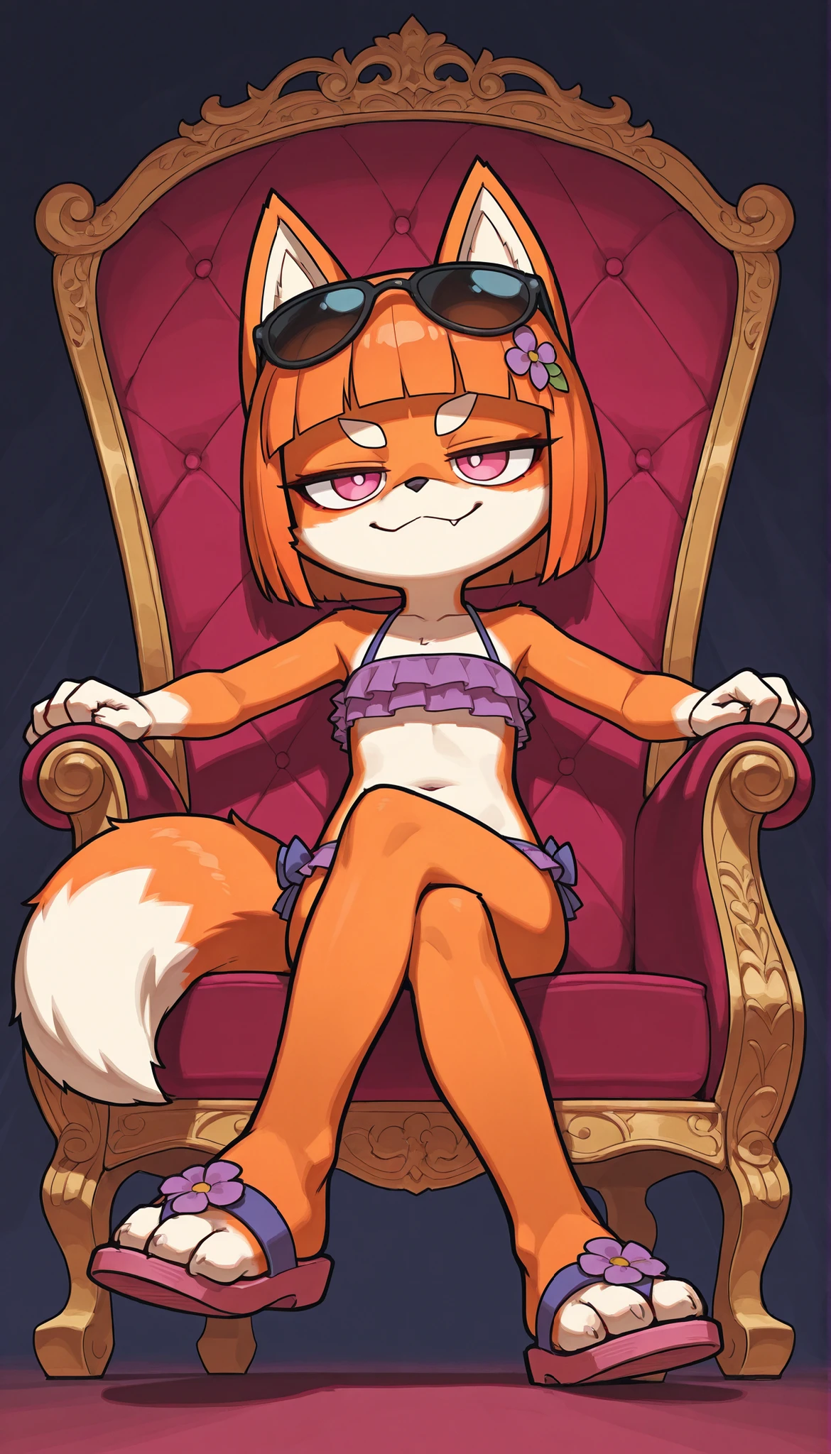 score_9, score_8_up, score_7_up, 1girl, solo, alone, masterpiece:1, best quality:1, amazing quality:1.5, very aesthetic:1.5, absurdres:1.5, newest, thick outline, black outline, Vivian, 1girl, solo, furry, furry female, fox ears, animal ears, orange hair, bangs only, no back hair, blunt bangs, two-tone fur, tail, fox tail, ((sunglasses on forehead, hair ornament, lilac frilly bundeau bikini, sandals)), full body, feets with three toes, (very skinny:1.0), (Small, Short:1.1), (young cub:1.2), big head, short stature, pink eyes, reised eyebrows, grumpy, smile, whote background, simple background, low angle view, sit on throne, crossed legs,