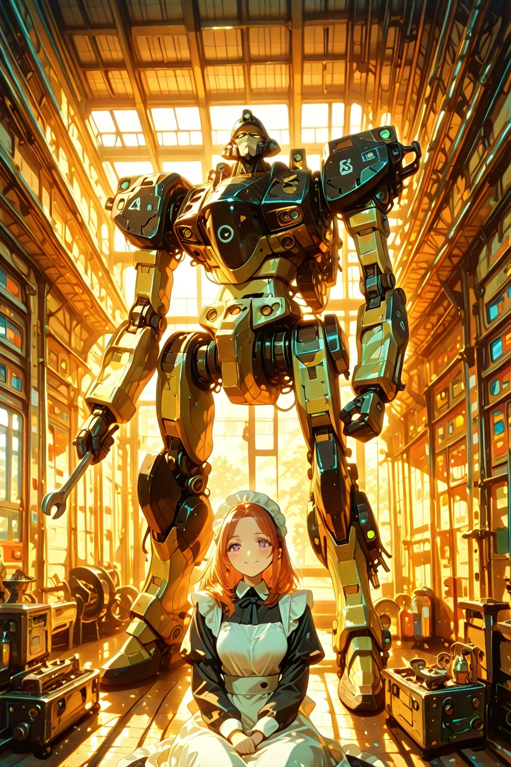 Boutique,best quality,Gold Jewelry,(slip out feet),Fairy Skin,(Honesty :1.2),permanent,Ultra Detailed,Practical,high quality,Movie Light,Ray Tracing,Ultra HD,Upper Body, A girl wearing a futuristic Iron Man mech, Orange dark purple, Parked on a giant humanoid tank, Dynamic poses, Cross your hands at your waist, Model standing, Dynamic Angle, Movie Lenses, Tank battery, Missile launch equipment, Large caliber artillery, Ross Tran 8K, Mech Cyber Armored Fighting Vehicle,