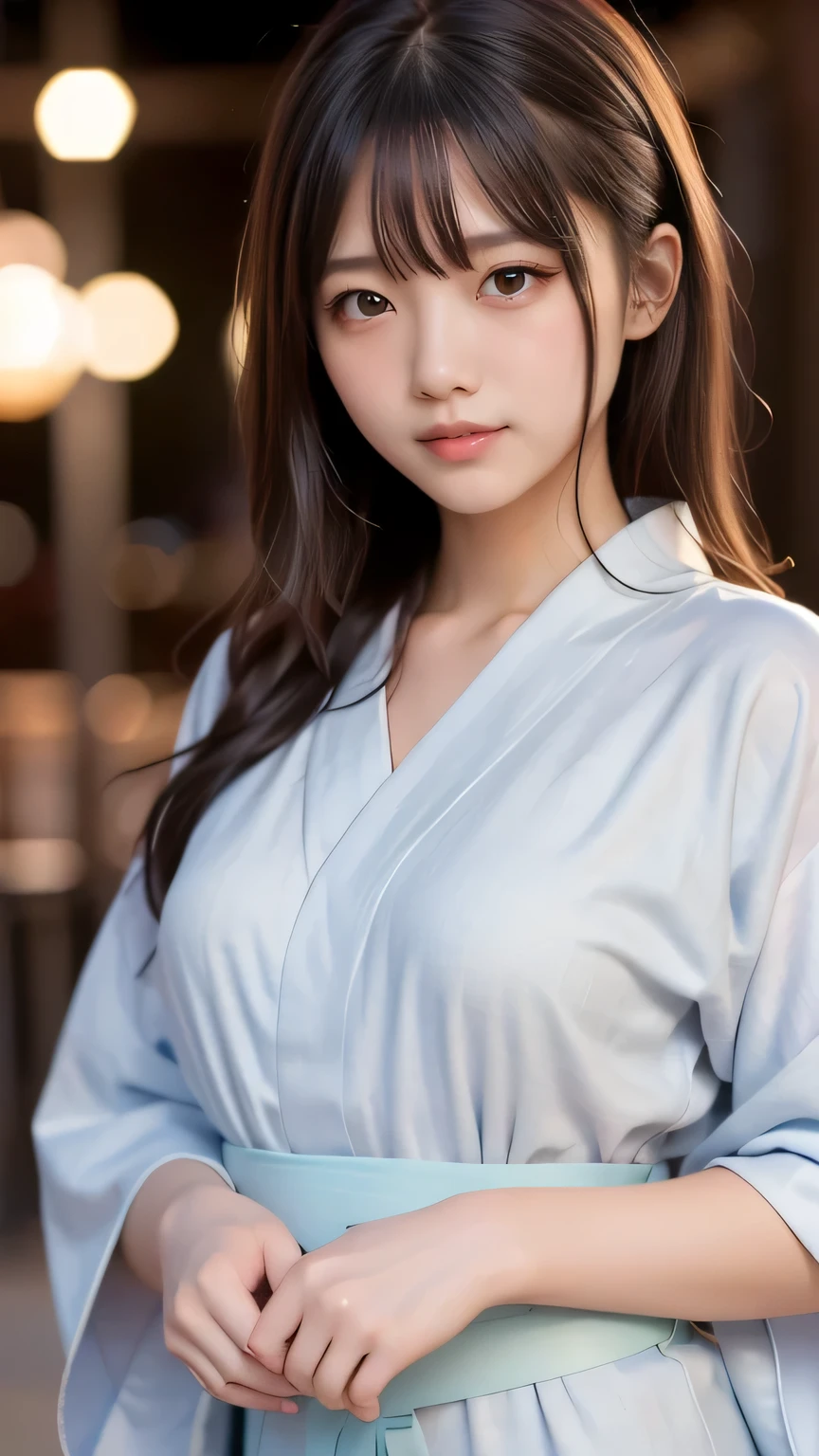masterpiece, Best Quality, 8K, 20 yo, , cuddly, Solo, sad, Cute, Girly, Delicate girl, Neat and clean beauty,  Raw photo, Professional Photography, Portrait, full body, front view, perfect body shape, Sophisticated, Film grain, (Eyes and faces with detailed:1.0), ponytail, short length floating hair, beautiful flowing hair, bangs, Kimono Wrap Shirt