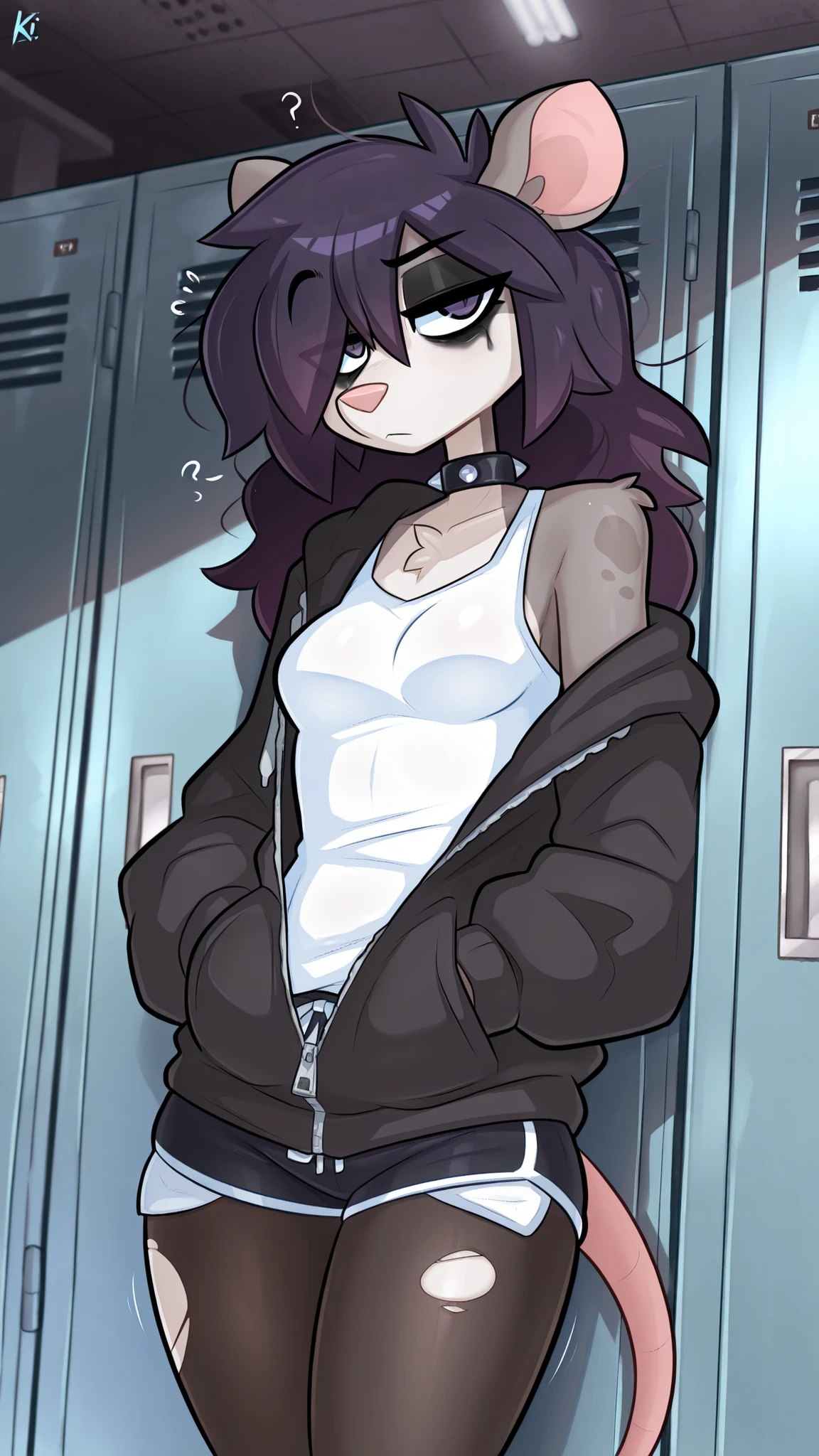masterpiece, best quality, amazing quality, ultra-detailed, very aesthetic, high resolution, absurdres perfect hands, furry, anthro, detailed_eyes BREAK { 1girl, female, feminine, possum_species, narrowed_eyebrow, bored_expression, lila_colored_eyes, dark_purple_colored_hair, long_hair, messy_hair, black_unzipped_hoodie, white_tank_top, black_nails, black_shorts, black_torn_pantyhose, spiked_wristbands, spiked_choker, slim_body, small_perky_breasts, fully_clothed, tired_eyes, baggy_eyes, black_eyeshadow, emo, ghotic, single_off_shoulder, hair_over_eye, ruined_makeup, drak_gray_fur, gray_fur, two_tone_fur, head_tilt, hands_on_pockets, tired_expression, depressed BREAK school_hallway_background, indoors, shaded_lighting, subtle_depth_of_field, low_angle, dynamic_angle, dutch_angle, close_up, leaning, leaning_against_locker, (viewed_from_side: 1.4) BREAK (sketch-ish, 2d, absurdres, best quality, uploaded on e621), (by kilinah), (waist portrait), [manga style, manga shader effect]