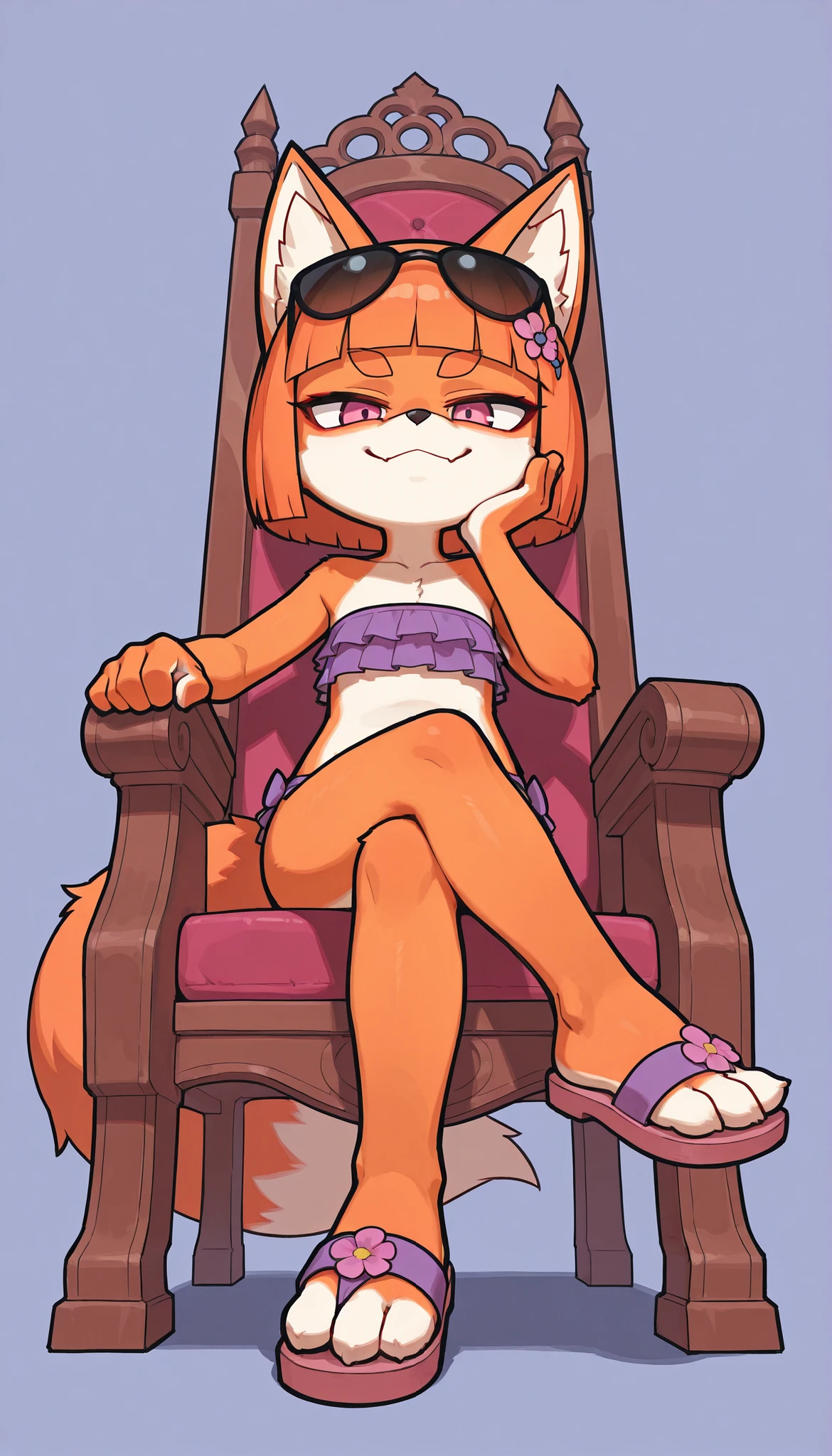 score_9, score_8_up, score_7_up, 1girl, solo, alone, masterpiece:1, best quality:1, amazing quality:1.5, very aesthetic:1.5, absurdres:1.5, newest, thick outline, black outline, Vivian, 1girl, solo, furry, furry female, fox ears, animal ears, orange hair, bangs only, no back hair, blunt bangs, two-tone fur, tail, fox tail, ((sunglasses on forehead, hair ornament, lilac frilly bundeau bikini, sandals)), full body, feets with three toes, (very skinny:1.0), (Small, Short:1.1), (young cub:1.2), big head, short stature, pink eyes, reised eyebrows, grumpy, smile, whote background, simple background, low angle view, sit on throne, crossed legs, one hand own cheek, looking at viewer, seductive, nailess, clawless,