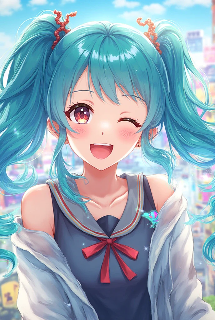 ((hatsune miku)), Frontal, jumping motion, floating hair, cosmic colored eyes, black color sailor uniform, pale skin, tired face, no shine in the eyes, looking up at the sky, beautiful sky, beautiful clouds, summery colorful flowers are blooming, crystal clear bubbles are shining prism here and there in the sky, the noonday moon and noonday stars in the sky, at messy downtown, 8k,wallpaper of extremely detailed CG unit, ​masterpiece,hight resolution,top-quality,top-quality real texture skin,hyper realisitic,increase the resolution,RAW photos,best qualtiy,highly detailed,the wallpaper,cinematic lighting,ray trace,golden ratio, long shot, 