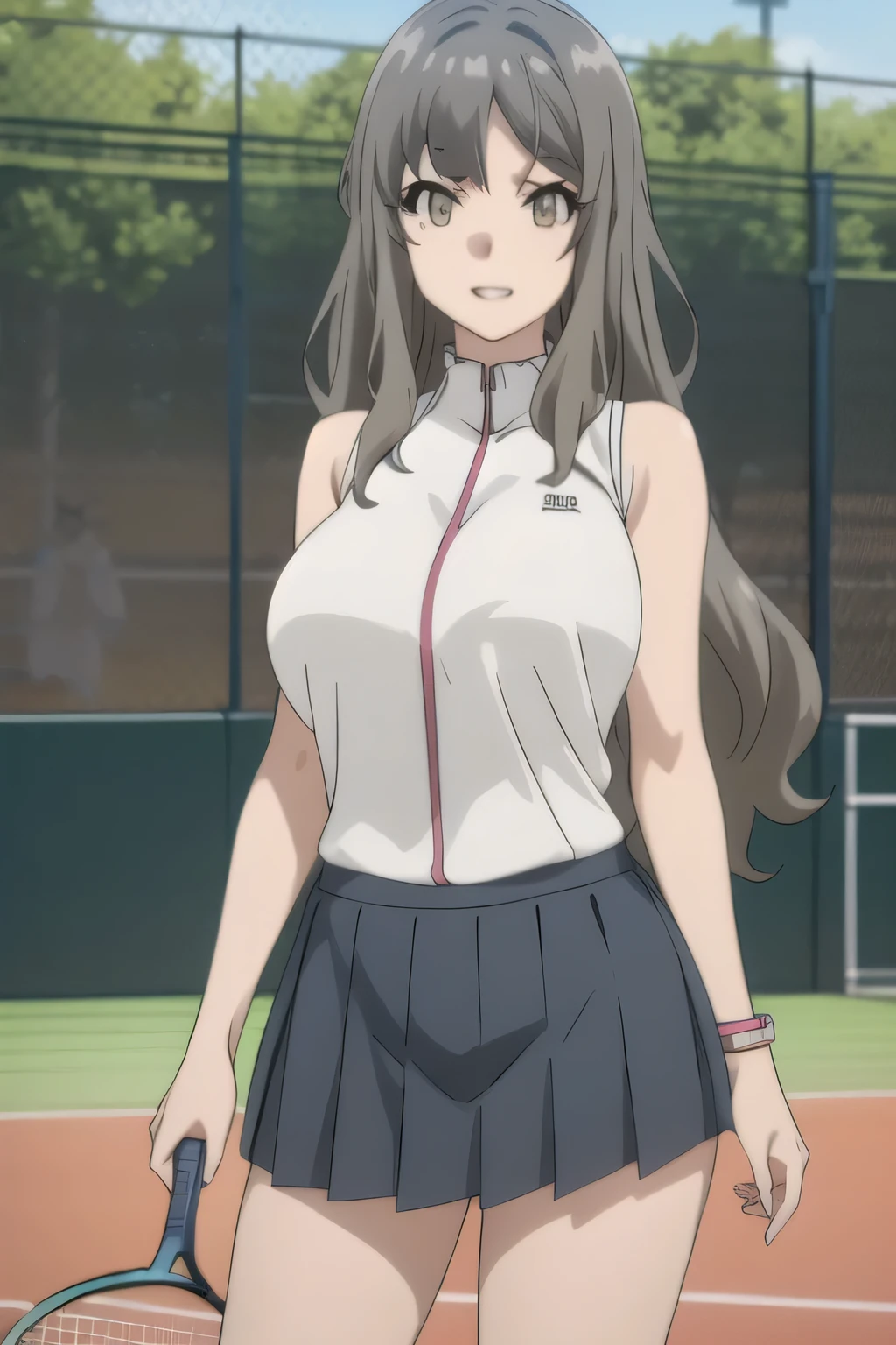 standing on a tennis court on a sunny day，smiling Yang，Big breasted college student，can you draw women in light blue sleeveless huge breasts tennis wear，light blue pleated miniskirt，white panties，Sneakers，racket，tennis ball，，face trimming teeth prohibited， Clearly  ,teeth。，Alone，can you focus on the face and draw sharpness，Official anime CG，A woman with long waves even if she teeth slender and has big breasts,Beautiful legs，amazing thighs ， anatomically accurate hand and foot details，can you focus on the face and draw sharpness，draw bigger breasts，sleeveless, light blue, busty woman in tennis clothes，鏡で自撮りをしているamazing thighs ，Beautiful legs，A woman with long waves even if she is slender and has big breasts，Alone，Anime CG，first, facial trimming with facial expression is prohibited，，can you draw a huge breast tennis costume even more on a huge breast tennis costume，
