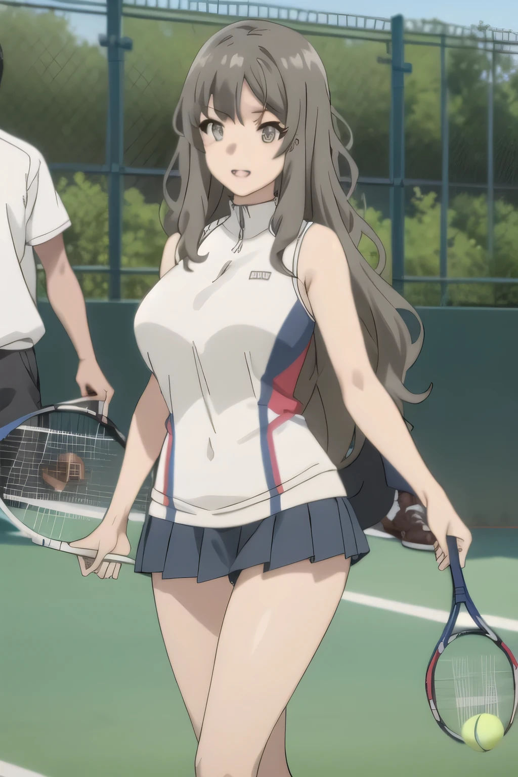 standing on a tennis court on a sunny day,smiling Yang,Big breasted college student,can you draw women in light blue sleeveless huge breasts tennis wear,light blue pleated miniskirt,white panties,Sneakers,racket,tennis ball,,face trimming teeth prohibited, Clearly ,teeth。,Alone,can you focus on the face and draw sharpness,Official anime CG,A woman with long waves even if she teeth slender and has big breasts,Beautiful legs,amazing thighs , anatomically accurate hand and foot details,can you focus on the face and draw sharpness,draw bigger breasts,sleeveless, light blue, busty woman in tennis clothes,鏡で自撮りをしているamazing thighs ,Beautiful legs,A woman with long waves even if she is slender and has big breasts,Alone,Anime CG,first, facial trimming with facial expression is prohibited,,can you draw a huge breast tennis costume even more on a huge breast tennis costume,