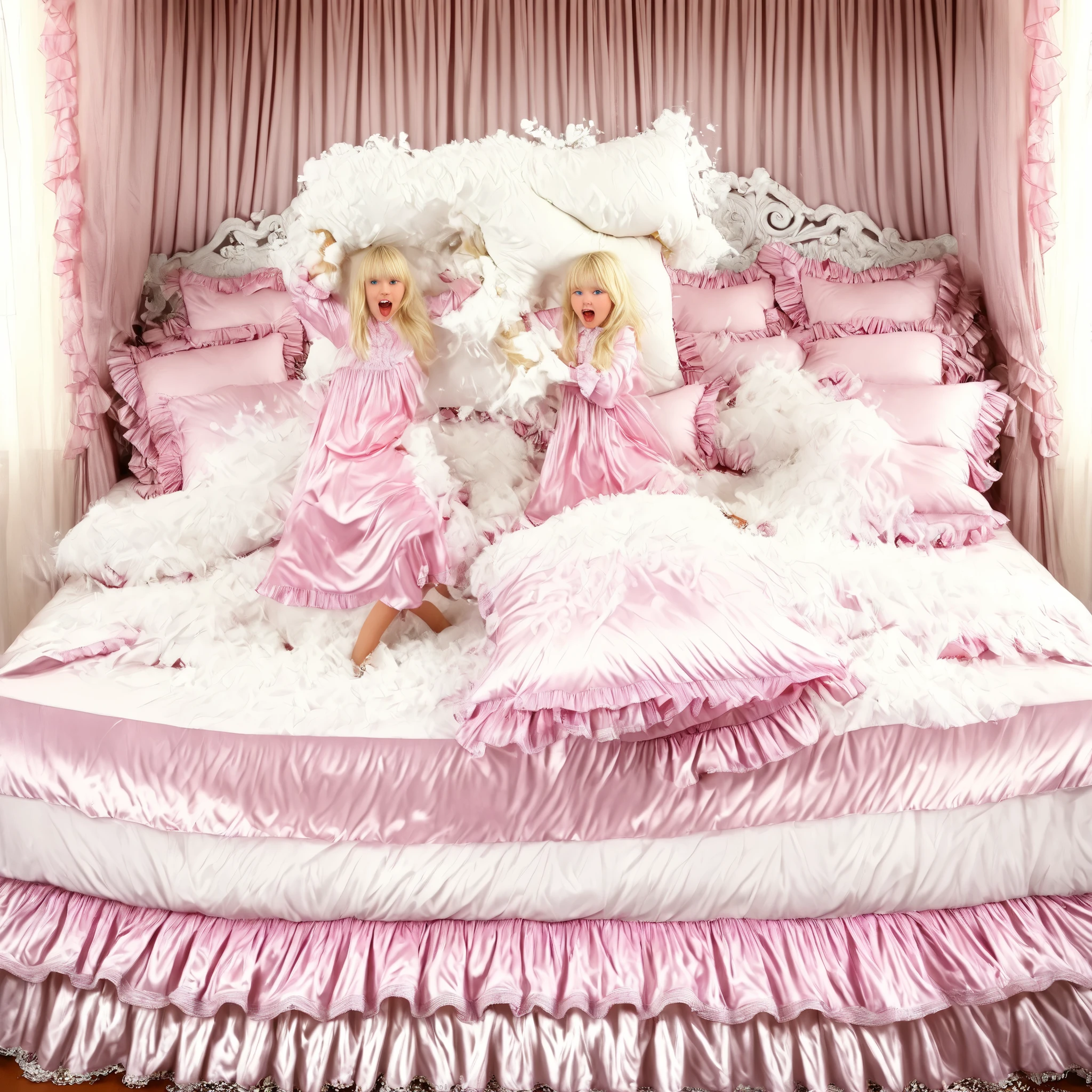 ((big bedの上のかわいい女の子)),((Childhood )),((Little Girl)), ((little girls Pillow Fighting on the bed,Pillow Fight:1.2,)),They Have Ruffled Silk Satin Pillows,((lots of white feathers dancing,detailed realistic feather:1.0)),is short,((white Americans, blue eyes, long blonde,detailed face)),cute face,plump quilted pink silk satin nightgown,((lots of frills and ribbon decorations)),long sleeve,ruffle sleeve, ((long skirt:1.4)),white socks,big bed、Comes with lots of pink silk satin cushions,pink cute canopy bed , ,four-poster canopy bed,king size bed,big bed,pink silk satin ruffle plump quilt pillow,More pillows, soft pink silk satin cover,round plump comforter,Ruffled lace silk.retro white pipe bed frame, realistic,((Out of frame bigger king size bed:1.2)), silk satin curtain on the bed with frills ,