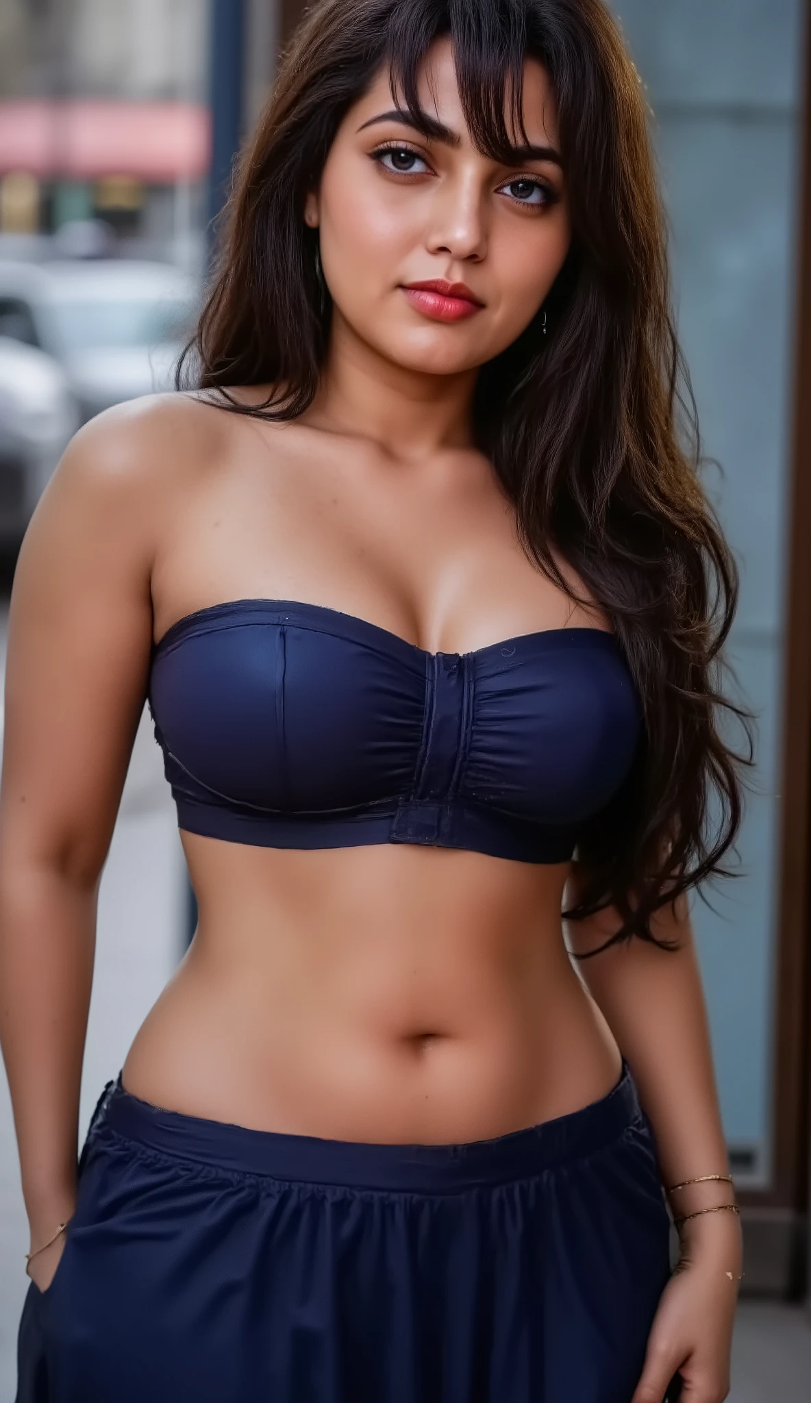 Beautiful sensual and erotic woman with a curvy body, long full black hair, bangs, loose bun, widest waist, thicc, beautiful fitting breasts, curvy accentuated booty, her detailed sparkling eyes are olive green with long eyelashes, sensual smile, thick thighs, Strong calves, taniaayusiregar, It is night, it is raining, a street scene from tokyo, people are not recognizable, she waits before a Restaurant, smiles uncertainly to the camera, She wears a cardigan and a elegant dark bluestrapless tube top, bodycon dress, , is colored dark blue, photorealistic, Masterpiece, bokeh, Volumetric lighting, low light, sensual atmosphere, close up shot, picture is shot from the front, full body shot, show thighs, legs