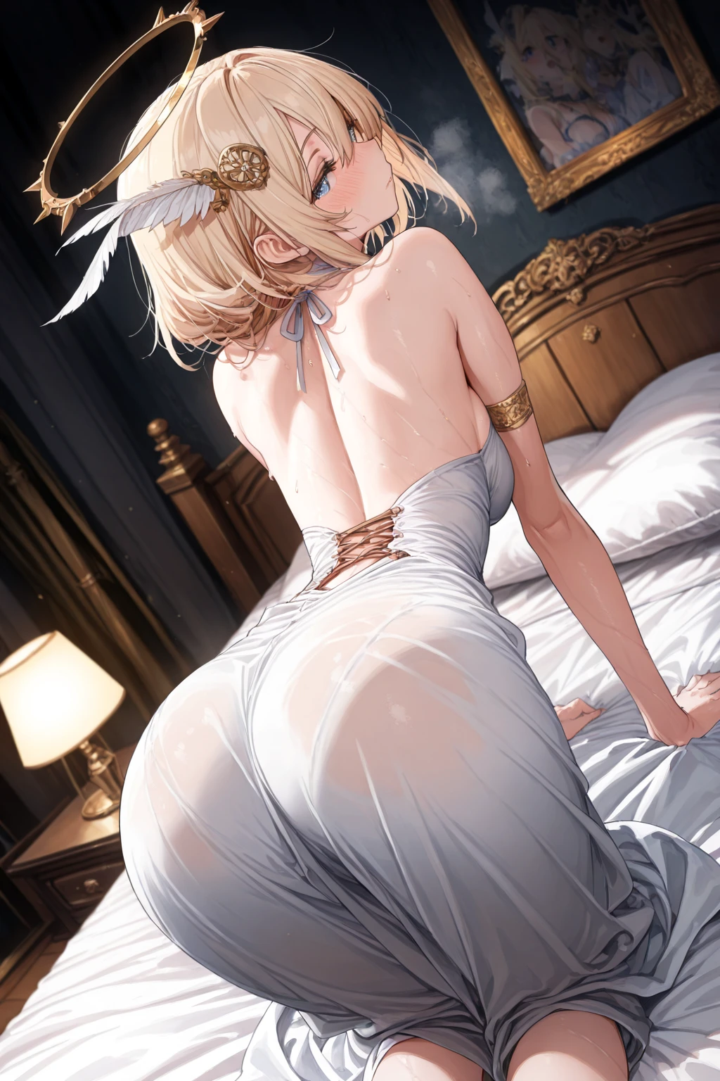 best quality, amazing quality, very aesthetic, 1girl, saber, fate/stay night, 1girl, saber, fate/stay night, , (artist official art:1.5), ahoge_hair, green eyes, steaming body, trembling, , jitome, cinematic light, official_royal_dress, dragon_horns, dragon_tail, big_dragon_wings, bent_over, on the bedroom, happy, smile, blush, night, looking_at_viewer, oily_skin, cool, from_the_back