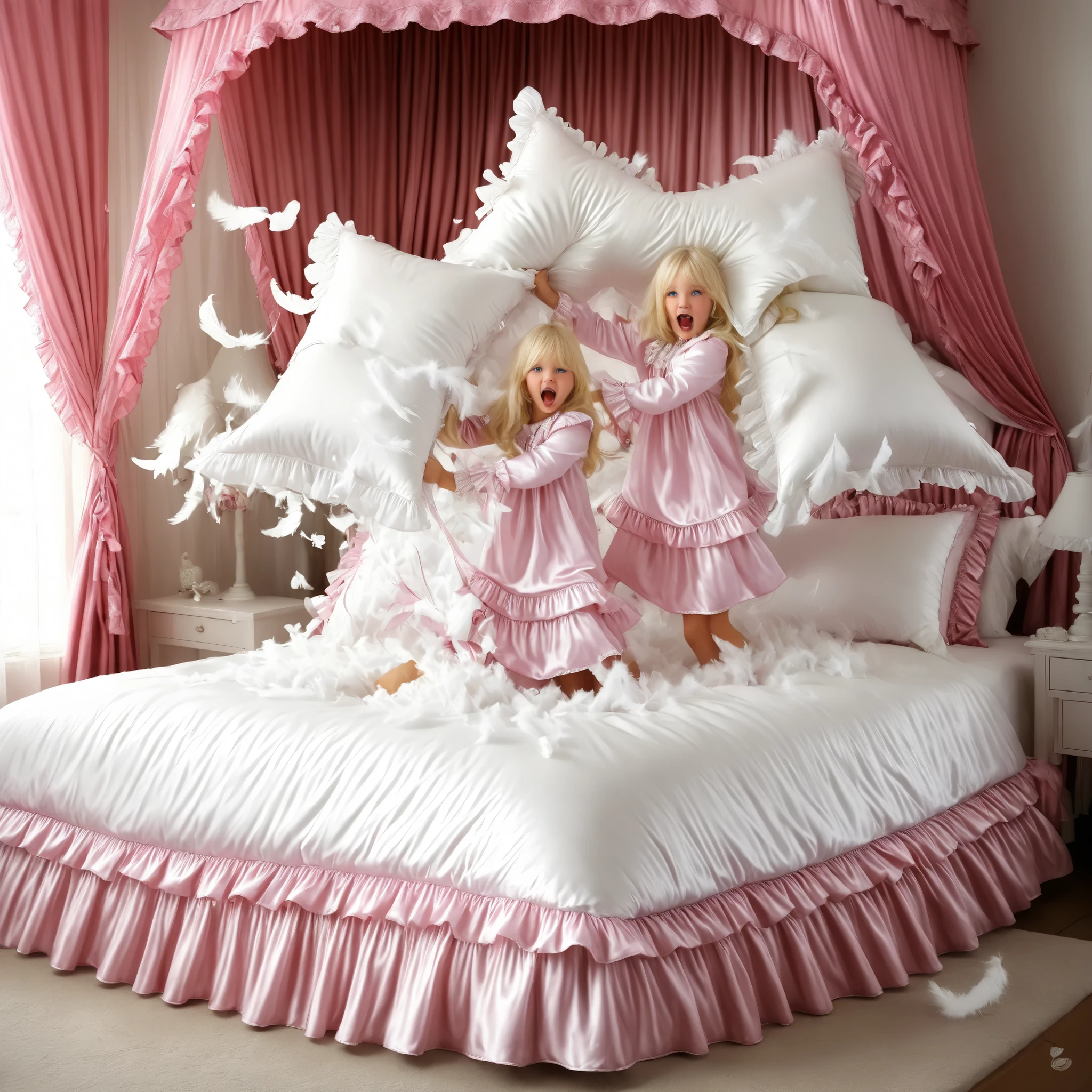 ((big bedの上のかわいい女の子)),((Childhood )),((Little Girl)), ((little girls Pillow Fighting on the bed,Pillow Fight:1.2,)),They Have Ruffled Silk Satin Pillows,((lots of white feathers dancing,detailed realistic feather:1.0)),is short,((white Americans, blue eyes, long blonde,detailed face)),cute face,plump quilted pink silk satin nightgown,((lots of frills and ribbon decorations)),long sleeve,ruffle sleeve, ((long skirt:1.4)),white socks,big bed、Comes with lots of pink silk satin cushions,pink cute canopy bed , ,four-poster canopy bed,king size bed,big bed,pink silk satin ruffle plump quilt pillow,More pillows, soft pink silk satin cover,round plump comforter,Ruffled lace silk.retro white pipe bed frame, realistic,((Out of frame bigger king size bed:1.2)), silk satin curtain on the bed with frills ,