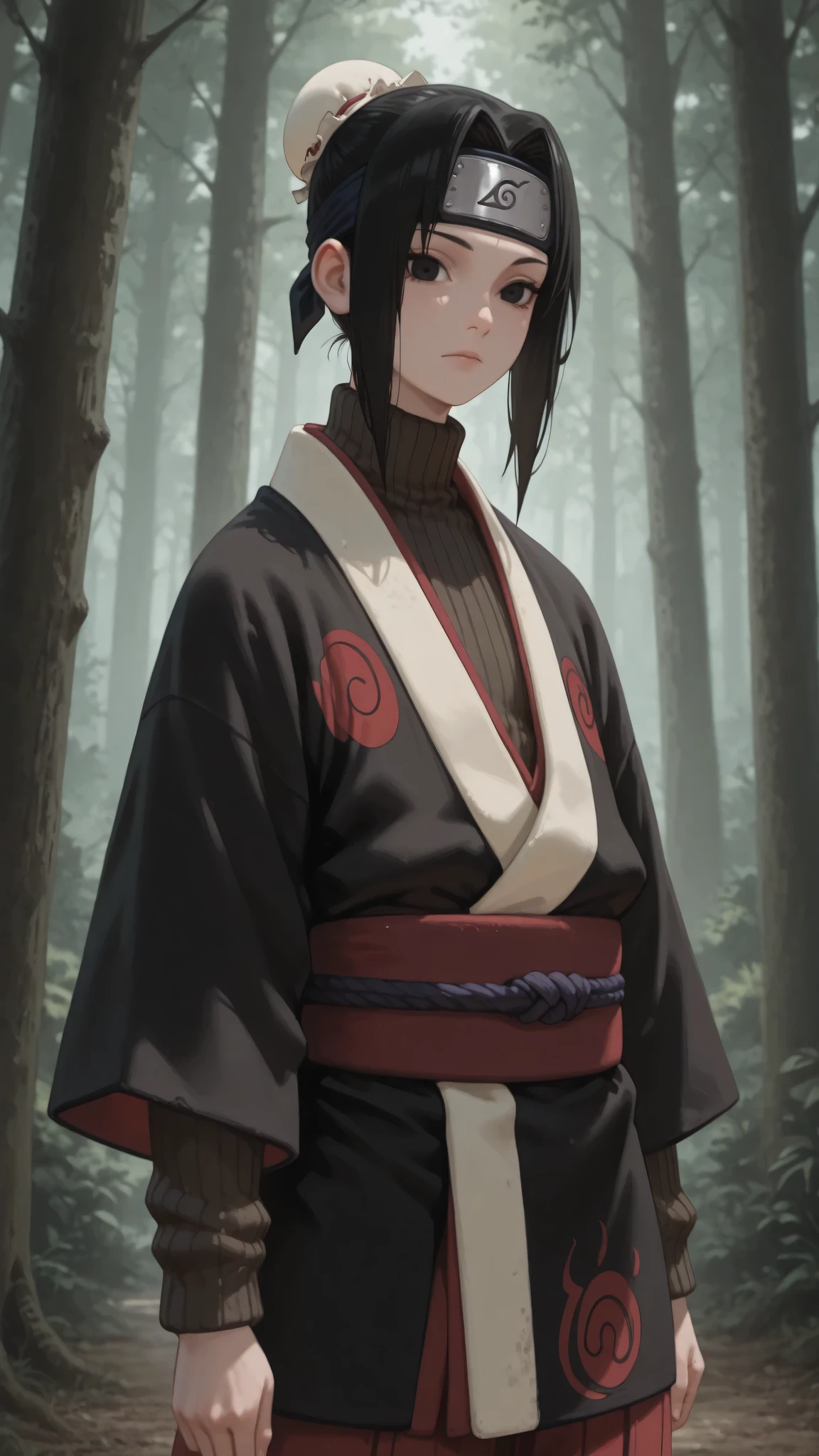 1girl, solo, beautiful girl, UHD, masterpiece, (anatomically correct), textured skin, super detail, high details, high quality, best quality, HD, 8k
<lora:haku-s1-ponyxl-lora-nochekaiser:1>, haku, black hair, black eyes, parted bangs, otoko no ko, androgynous, female focus,
sidelocks, single hair bun, forehead protector, japanese clothes, sweater, ribbed sweater, turtleneck, long sleeves, sash, black kimono
haku_\(naruto\), Flat chest, cowboy shot, look at viewer, forest, slim girl, fair skin, ninja, bun cover