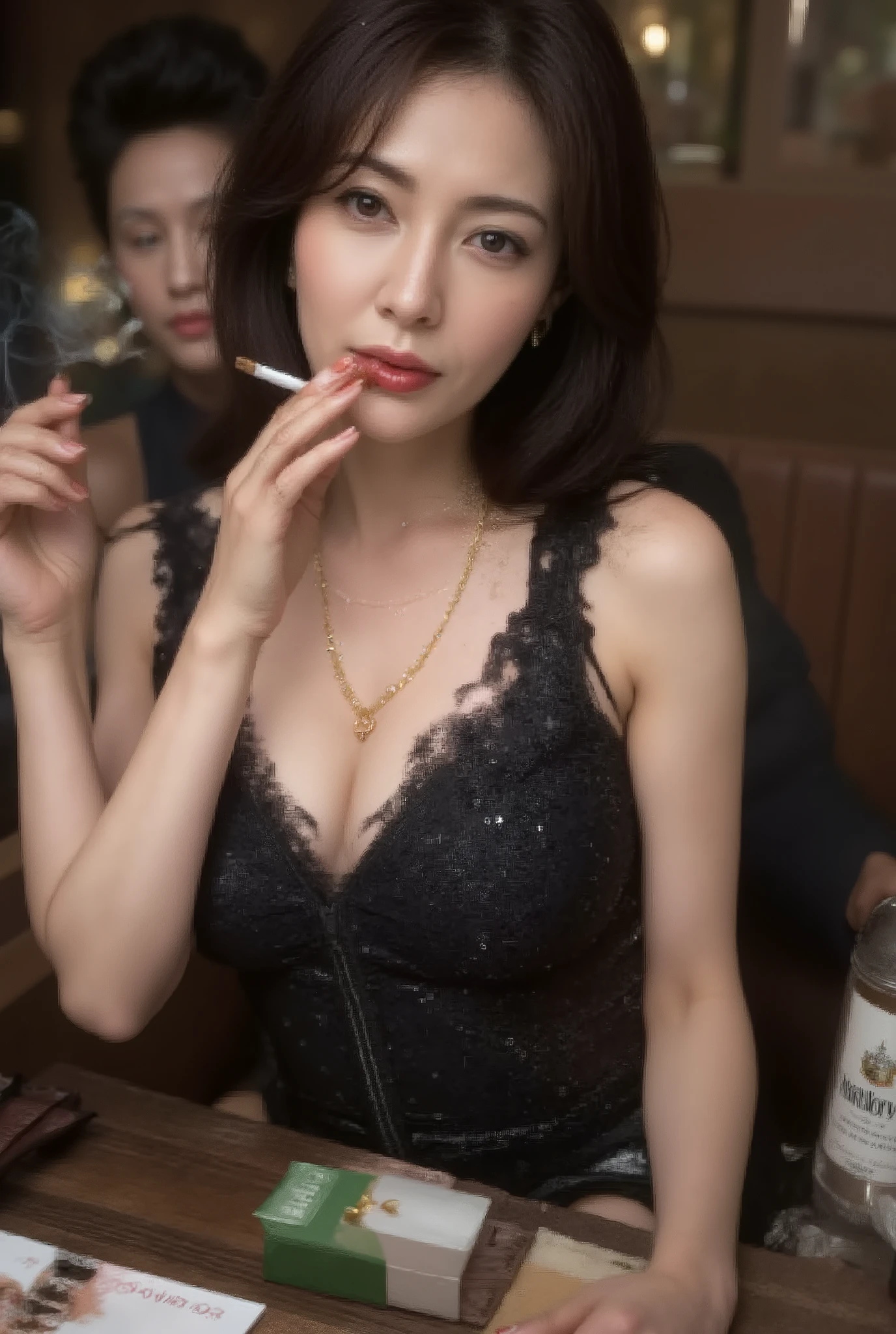 Beautiful 45 year old mature woman (smoking: 0.8), (holding a cigarette in her mouth), ((((hyper-realistic image of a green and white Marlboro Menthol box))), ((holding a Marlboro Menthol box in her hand)), ((holding a Marlboro Menthol box in her breast pocket), ((holding a green and white Marlboro Menthol box between her chest and cleavage), ((((ultra-detailed, exquisite detail, ultra-clear, ultra-high resolution, high definition, exquisite detail, exhaling smoke from her mouth and nose)))), pink Marlboro box standing, (Chanel jacket), ((ultra-detailed, exquisite detail, high detail, major detail, ultra-high quality, high resolution, exquisite, holding a brown filter cigarette with lipstick in her mouth)), ((blowing cigarette smoke into her face, secretly beginning to smoke, lighting the cigarette and beginning to smoke)), ((hostess)). ashtray butt, ((pouring fine liquor)), ((Drinking alone)), Downtown club, ((((A 660ml bottle of Suntory VSOP Frosty is on the table)))), ((A very sparkly black dress)), Alluring, Wearing a gold necklace, Slim and toned waist, Smiling at the audience: 1, 2, ((Stylish nails)), Super long brown hair, Highly detailed face and skin texture, Fine grain, Double eyelids, Sexy, ((Full body)), ((Cabaret)), ((A sparkling, unreal world)), Fingers with red nail polish, ((Slightly swollen breasts)), Looks like she's about to cry, Fresh and clean skin, Red glossy lips, Small mouth, ((Depth of drawn border 1, 2)),