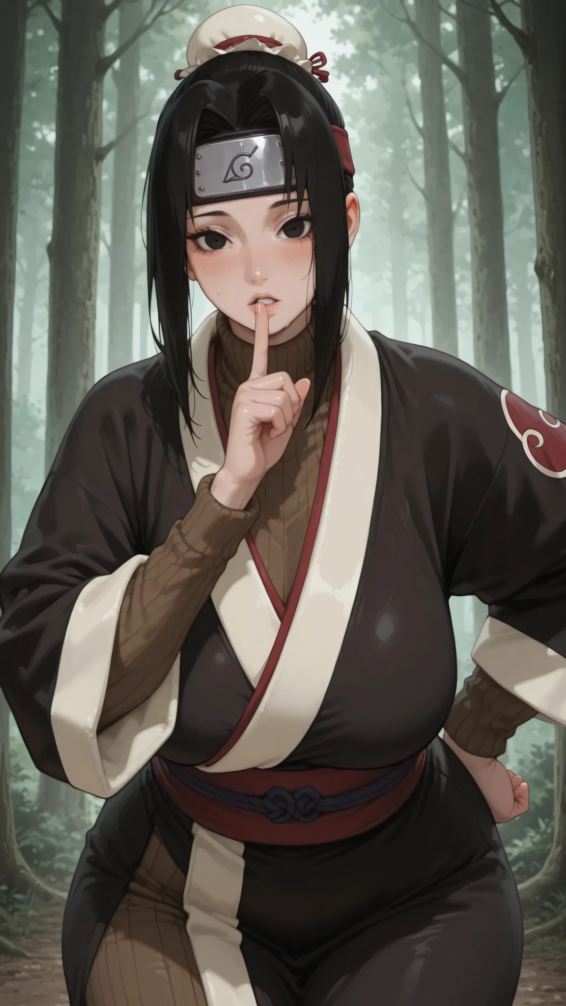 1girl, solo, beautiful girl, UHD, masterpiece, (anatomically correct), textured skin, super detail, high details, high quality, best quality, HD, 8k
<lora:haku-s1-ponyxl-lora-nochekaiser:1>, haku, black hair, black eyes, parted bangs, otoko no ko, androgynous, female focus,
sidelocks, single hair bun, forehead protector, japanese clothes, sweater, ribbed sweater, turtleneck, long sleeves, sash, black kimono, white trim
haku_\(naruto\), cowboy shot, look at viewer, forest, fair skin, ninja, bun cover, big breasts, huge hips, curvy, Lean forward, one hand on own hips, shushing, blush, torogao, breathe heavily, parted lips,