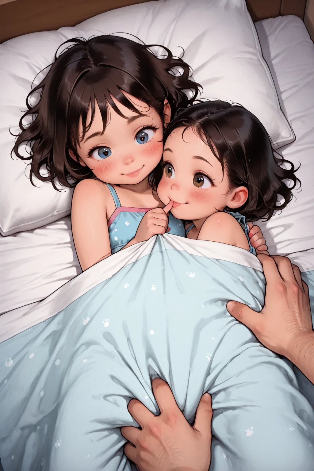 ((By Kinu Nishimura)), ((Kinu Nishimura Style)), ((Artist: Kinu Nishimura)), ((Kinu Nishimura)), ((art by Kinu Nishimura)), ((1girl)), adult, ((long hair)), ((hair bun with white ornaments on left side of head)), long face, tall, tall head, long head, tall face, thin eyebrows, eyelashes, teal eyes, thin nose, straight nose, lips, medium , , cute , (), fully , , , completely , completely , fully , embarassed, tight , ((pubic hair)), 2d art, solo, ((on bed))