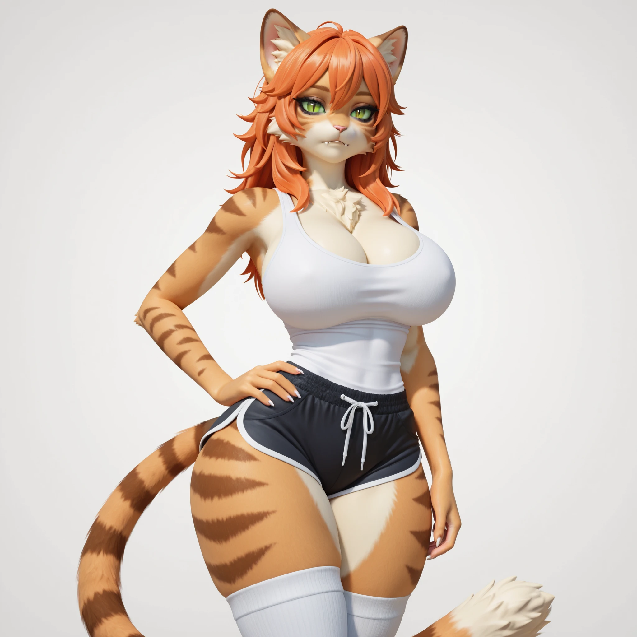 masterpiece, ultra-HD, impressionism, high detail, best quality, very aesthetic, 8K, best quality, beautiful, ultra-high resolution, 32K UHD, 3D, 1girl, solo, anthro furry, cat, tabby fur, short messy orange hair, almond-shaped eyes, green sclera, slit pupils, eyelashes, eyeliner, bags under eyes, cat ears, cat tail, sharp fangs, big breasts, narrow waist, wide hips, thick thighs, shapely legs, slim, white tank top, cleavage, black dolphin shorts, white thigh high socks, expressionless, cute, hand on hips, standing, looking at the viewer, simple background, front view