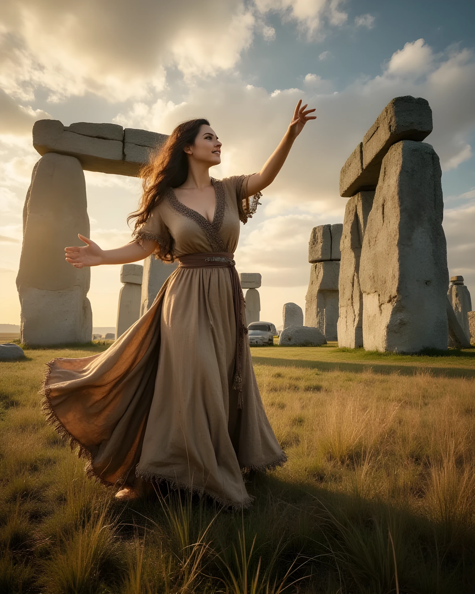 Ancient prehistoric age era,
(Stone civilization age era:1.6),
((Realistic cinematography ultra-wide depth intense details of realistically precise scenery of large Stonehenge)),orderly stonehenge on the background,a detailed of Germanic female pointing her hand,to large Stonehenge,,(Megaliths scenery),(),((vivacious)),wearing fully, long primitives tribal long tunic cloak dress,,,(perfectly depth symmetrically curvy busty full body shapely),(cinematic dynamically camera widely angle scenery:accurately depicted:1.3),the lively prehistoric cradle of Megaliths history depicting scenery,afternoon,realistically full depth,(cinematography dynamic angle|hyperrealistic:realistic scenery:3d texture over the scenery),best videography angle,hdr,golden hour, (cinematography vibe),primitive fabric wardrobe,(dynamic image composition),(octane 3d rendering|50mm lens shot:1.3),(precise lifelike skin texture:lifelike hairs:realism),(best rule of third photography composition),(best image aperture),(full details depth of field),(best shutter speed),(RAW photo image),(photorealistic|photorealism:hyperrealism style),(realistic depth 3d:cgi:1.3),(trending on cgsociety:devianart:unreal engine 5),,(best photography:national Geographic style), stonePunkAi and bronzePunkAi artwork, digital art,best lighting concept,(realistic intricately fixed truly fully human's anatomy body+hands+and+fingers anatomical),natural motion,inspired by farcry5 game artwork.