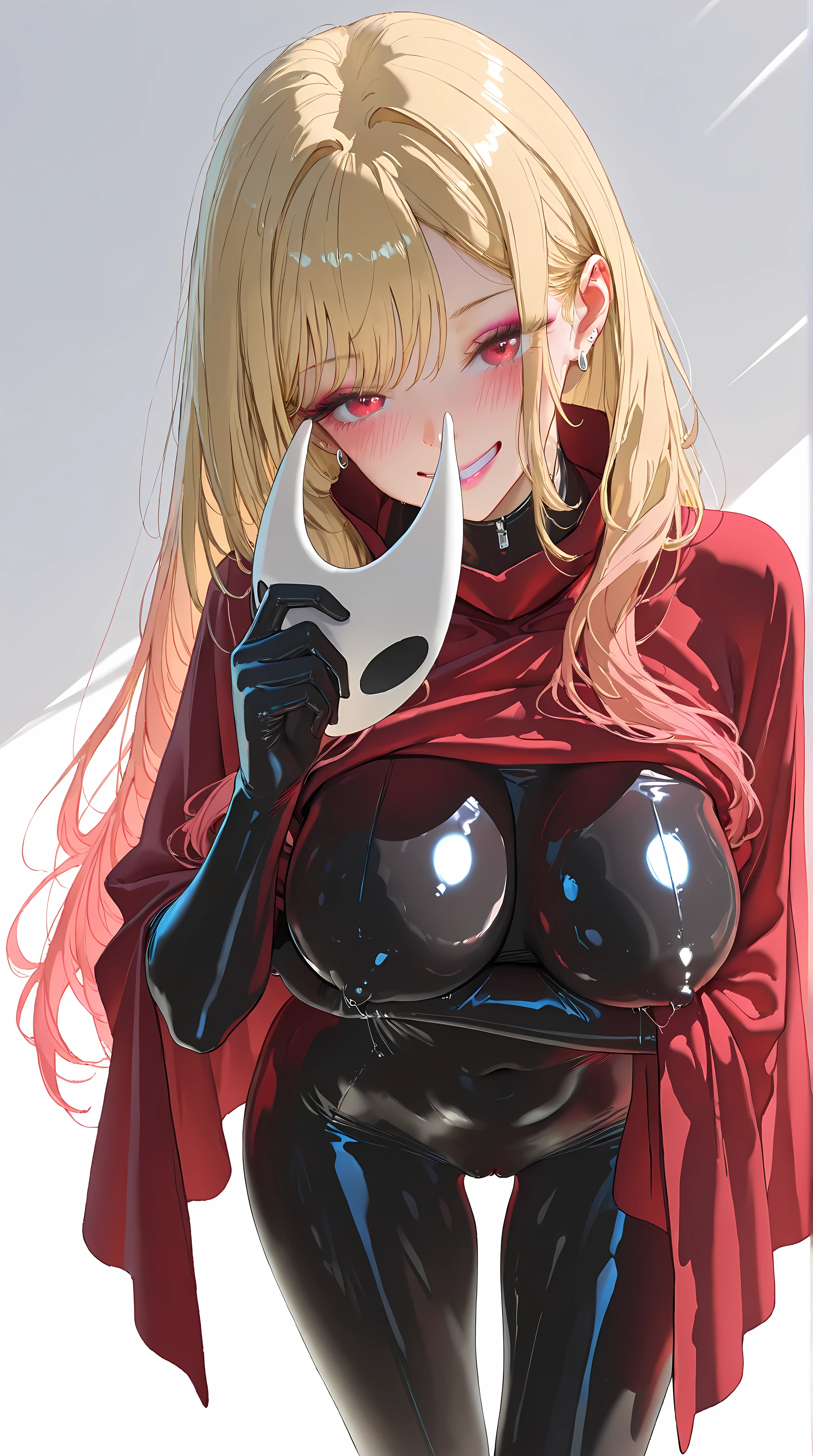 red poncho, skintight bodysuit, skindentation, black latex bodysuit, black gloves, black heelsuit, high heels bodysuit, hornet white mask,removed mask,1girl,(Marin Kitagawa),(mature female),blond hair,long hair,red eyes,solo,blush,makeup,pink lip,seductive grin,white background,large breasts,erect nipples,(cover pussy),motherly,mature face,looking at viewer,leaning forward,arm under breast,masterpiece,best quality,newest,highres,absurdres,very awa,shiny skin,(oiled),(WANKE:0.8),(artist:reoen:0.6),(artist:ningen_mame:0.9),(artist:sho_(sho_lwlw):0.6),(artist:rhasta:0.9),(artist:wlop:0.4),(artist:ke-ta:0.6),(tianliang duohe fangdongye:0.5),(hiten \\(hitenkei\\):0.6),best quality,amazing quality,(artist:onineko:0.7),anime coloring,