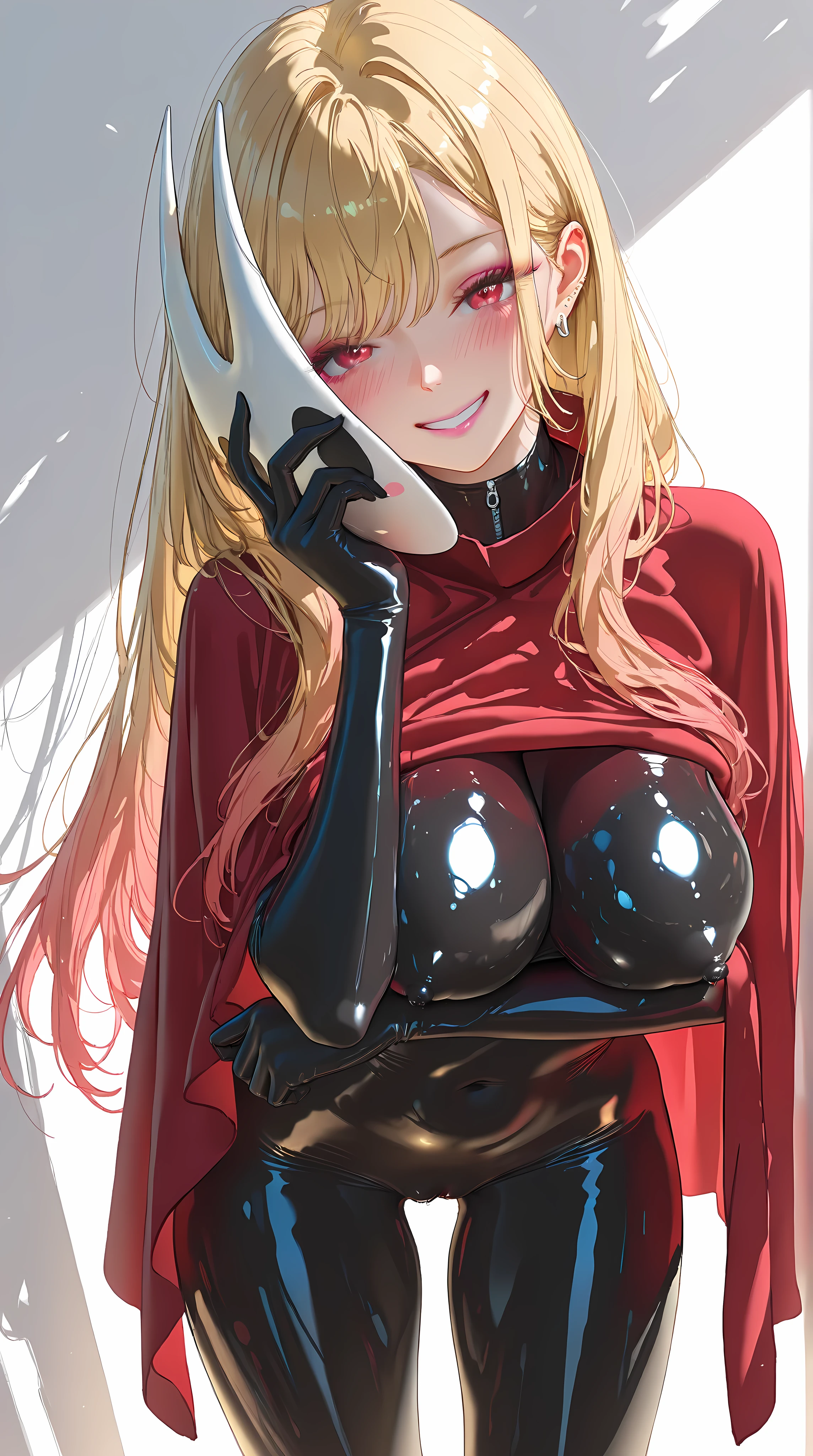 red poncho, skintight bodysuit, skindentation, black latex bodysuit, black gloves, black heelsuit, high heels bodysuit, hornet white mask,removed mask,1girl,(Marin Kitagawa),(mature female),blond hair,long hair,red eyes,solo,blush,makeup,pink lip,seductive grin,white background,large breasts,erect nipples,(cover pussy),motherly,mature face,looking at viewer,leaning forward,arm under breast,masterpiece,best quality,newest,highres,absurdres,very awa,shiny skin,(oiled),(WANKE:0.8),(artist:reoen:0.6),(artist:ningen_mame:0.9),(artist:sho_(sho_lwlw):0.6),(artist:rhasta:0.9),(artist:wlop:0.4),(artist:ke-ta:0.6),(tianliang duohe fangdongye:0.5),(hiten \\(hitenkei\\):0.6),best quality,amazing quality,(artist:onineko:0.7),anime coloring,