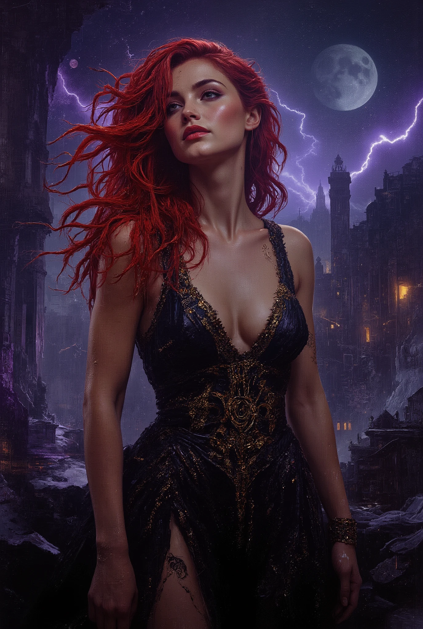 Intimate semi realistic surreal portrait of a divine siren goddess, oil painting with expressive brushstrokes, impossibly beautiful eyes like deep cosmic pools - huge and mesmerizing with gold-flecked violet irises burning with inner fire, framed by thick dark lashes casting dramatic shadows on her perfect cheekbones, face of devastating angelic beauty with sharp European features that transcend human perfection, high aristocratic cheekbones with intense iridescent glow, full pouty lips painted deep wine red and parted in a seductive half-smile, luminous alabaster skin like living moonstone contrasting with deep shadows, statuesque goddess form with dangerous curves arched provocatively on black marble balcony carved with glowing ancient runes, skin-tight black silk dress soaked by sea spray clinging to every divine curve like a second skin, plunging neckline with large beautiful cleavage revealing flawless décolletage adorned with hypnotic swirling marks that pulse with starlight, cascading crimson hair with deep purple undertones floating wildly in supernatural wind, generous natural curves straining against the midnight silk that ripples like liquid shadow, long graceful neck arched back exposing throat adorned with glowing sigils, piercing eyes holding an irresistible magnetic gaze, atmosphere electric with dark romantic energy, blood moon casting crimson light through storm clouds while aurora borealis dances in violent purple and gold, razor-sharp crystalline structures growing from ancient stone like frozen lightning, otherworldly mist coiling possessively around her figure, pose radiating both power and invitation, extreme contrast between light and shadow, masterwork quality, photorealistic detail, dark fantasy romance, 8k resolution
