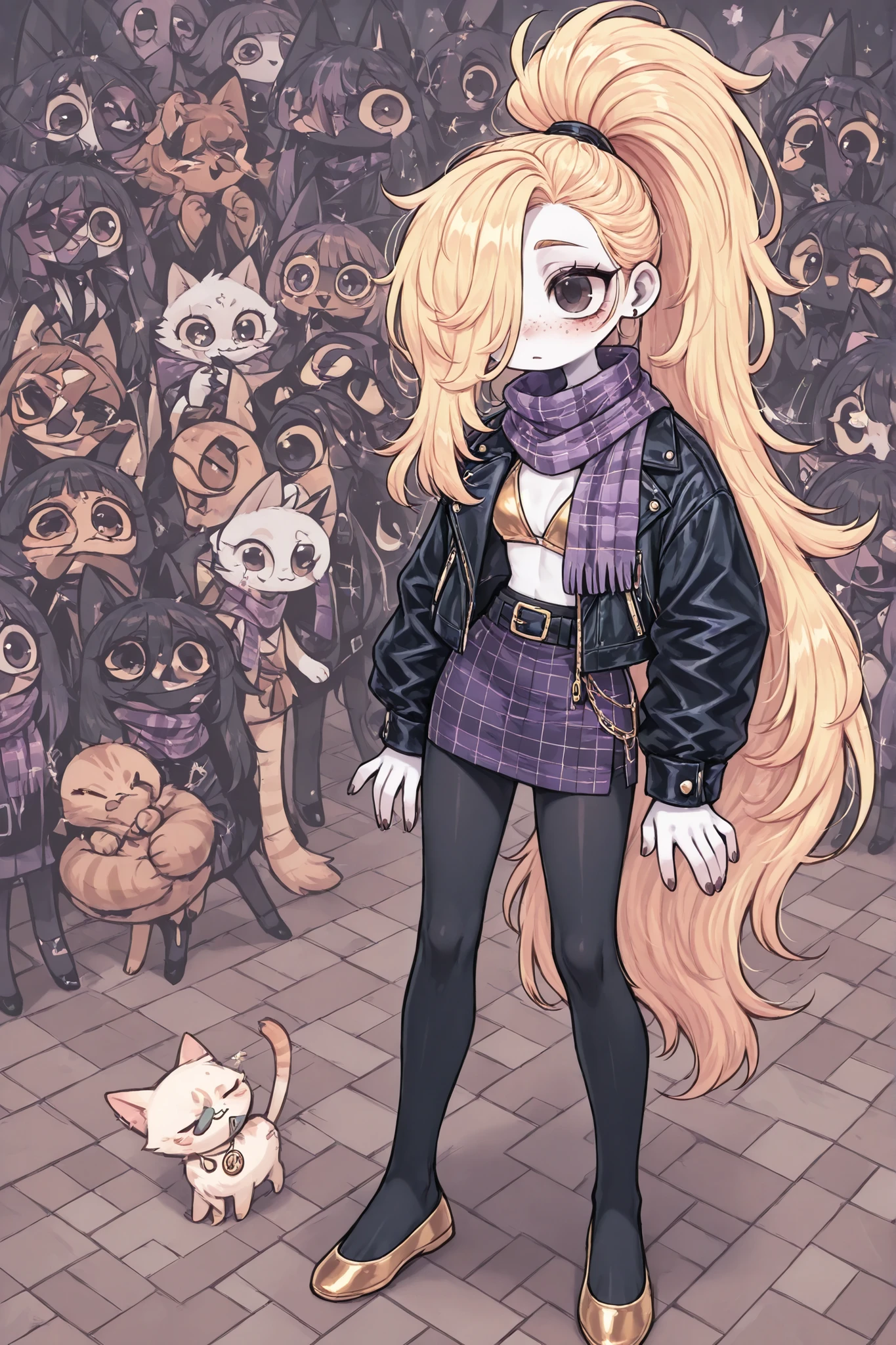 (edanoma_meu_illu,) The girl is a thief. She has an athletic build, white skin covered with freckles and blush. She has fluffy blonde longest hair dyed in yellow, pulled back in a high ponytail,she has bangs over one eye. She narrows her sly brown eyes and smiles like a cat. She wears a gold bikini, a short black leather jacket with a gold zipper, and a purple plaid scarf around her neck. She is wearing black leggings, a short purple ruffled miniskirt with a leather belt, and gold ballet flats. (In the background: the street of a crowded office district.Sunny day.)