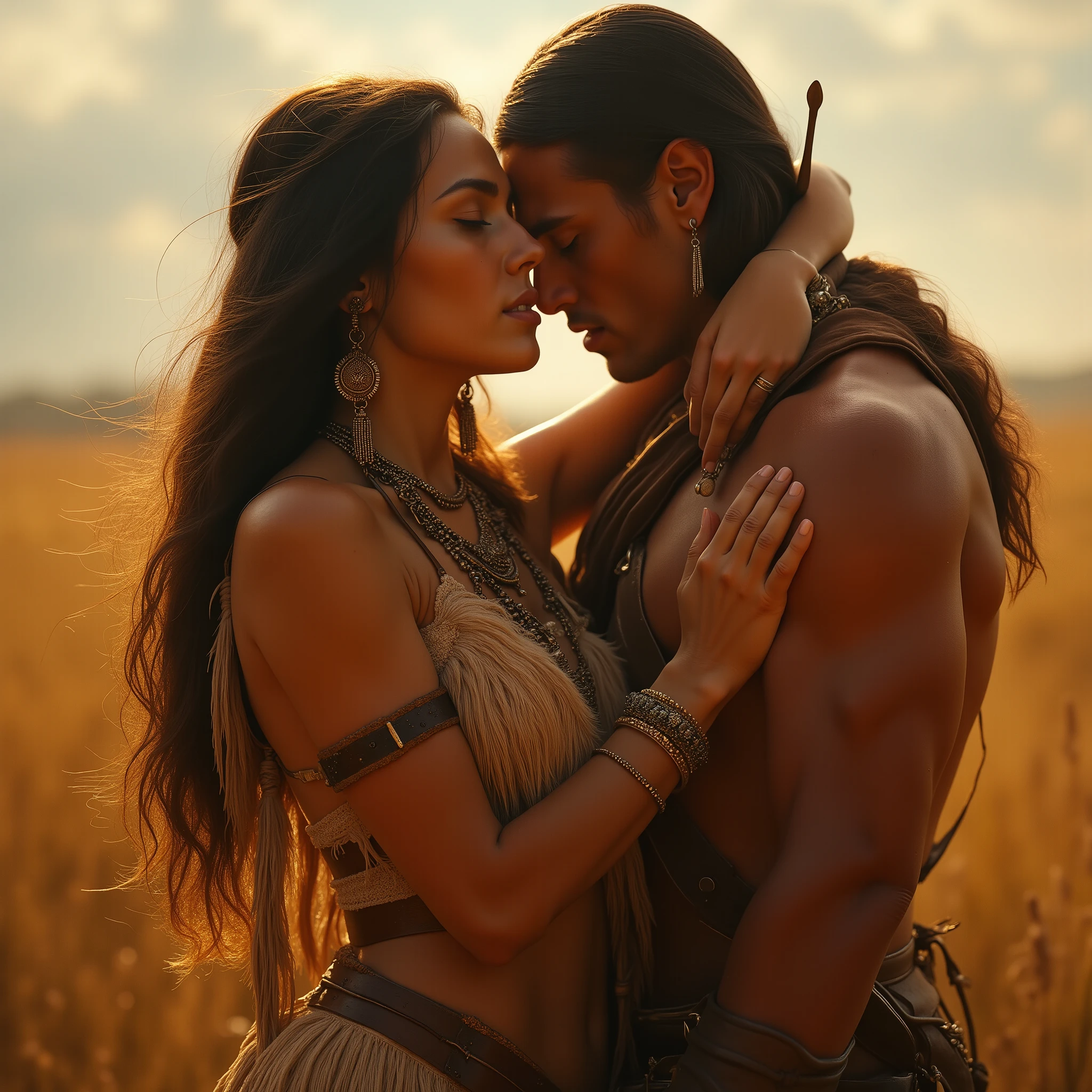 A Native American goddess of the vast plains, some beauty, busty and athletically strong, delightful voluptuous curves, battle dress, long straight hair, glowing copper skinned, large powerful and serene eyes and gaze,  a 18th century white soldier, hugs, gropes and ravish her as she tries to resit  but fails to, full body view, ethereal and mystical atmosphere, photo realism