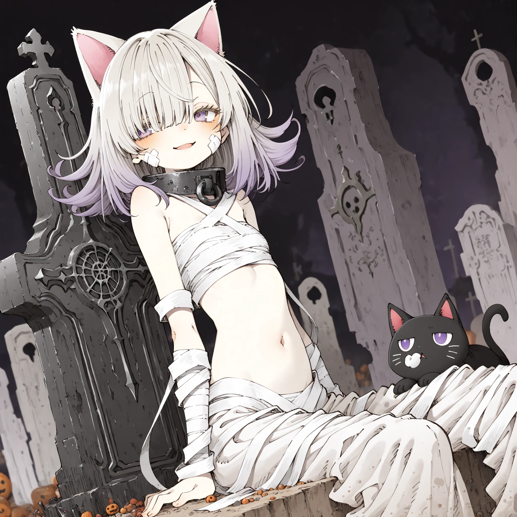 ((Abara Heiki style)), ((Masterpiece)), ((best quality, amazing quality)), ((very aesthetic, absurdres, newest)), ((detailed background, negative space, blurry background, depth of field, Asymmetrical background)), (dynamic angle, wide shot), ((1girl)), Cute young Girl, (Healthy Gaunt body, Textured skin, small , tilt head), metal collar, ( costume, bandages, halloween costume, bandaged , bandaged arm, bandage on face), (spooky harf pants), ((pale skin)), slightly exposed Lower abdomen, ( smile, open mouth), ((put on cat ears)), (platinum-gold hair, hair over eye, long side bangs), flipped hair, gradient hair, outside curl medium hair, BREAK, (pale purple eyes, glitter eyes, gradient eyes, averting eyes, looking at side), (cute cheeks), glossy lips, pouty lips, (lower eyelashes), (sitting astride on the gravestone), foggy effect, outdoor, aged gravestone, outside the Terrifying haunted garden at midnight, ghost photography,