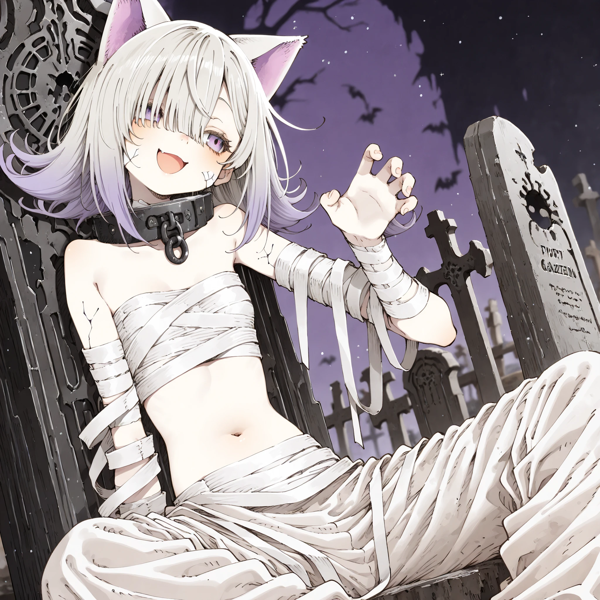 ((Abara Heiki style)), ((Masterpiece)), ((best quality, amazing quality)), ((very aesthetic, absurdres, newest)), ((detailed background, negative space, blurry background, depth of field, Asymmetrical background)), (dynamic angle, wide shot), ((1girl)), Cute young Girl, (Healthy Gaunt body, Textured skin, small , tilt head), metal collar, ( costume, bandages, halloween costume, bandaged , bandaged arm, bandage on face), (spooky harf pants), ((pale skin)), slightly exposed Lower abdomen, ( smile, open mouth), ((put on cat ears)), (platinum-gold hair, hair over eye, long side bangs), flipped hair, gradient hair, outside curl medium hair, BREAK, (pale purple eyes, glitter eyes, gradient eyes, averting eyes, looking at side), (cute cheeks), glossy lips, pouty lips, (lower eyelashes), claw pose, (sitting astride on the  gravestone), foggy effect, outdoor, aged gravestone, outside the Terrifying haunted garden at midnight, ghost photography,