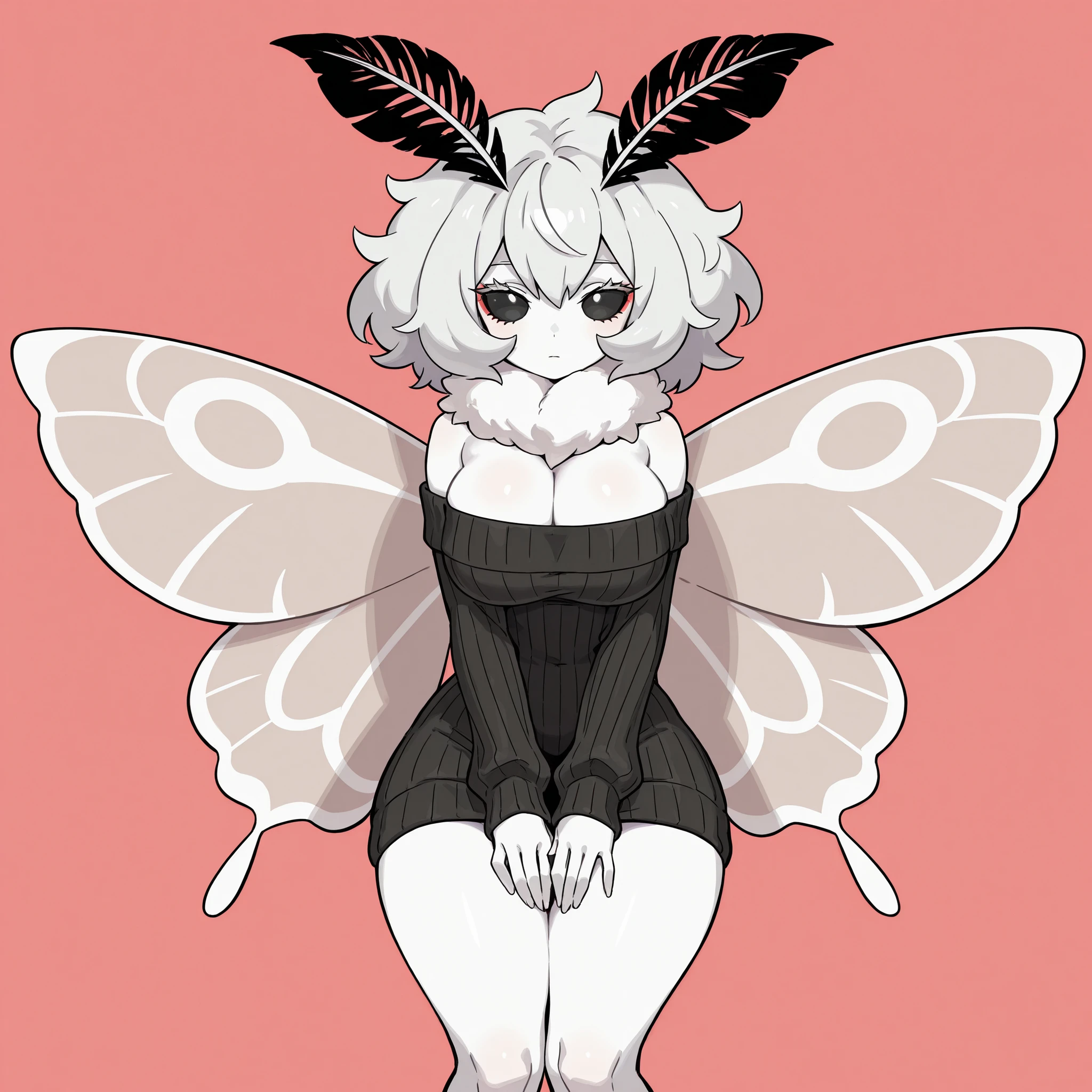 masterpiece, ultra-HD, impressionism, high detail, best quality, very aesthetic, 8K, best quality, beautiful, ultra-high resolution, 32K UHD, sugimorixd, 1girl, solo, short messy white-silver hair, fluffy hair, black sclera, black eyes, no pupils, almond-shaped eyes, eyelashes, black eyeliner, pale skin, white skin, moth wings, moth antennae, white fluffy fur collar, big breasts, narrow waist, wide hips, thick thighs, shapely legs, slim, black ribbed off-shoulder sweater dress, cleavage, blushed, expressionless, cute, hands on lap, standing, looking at the viewer, simple background, front view