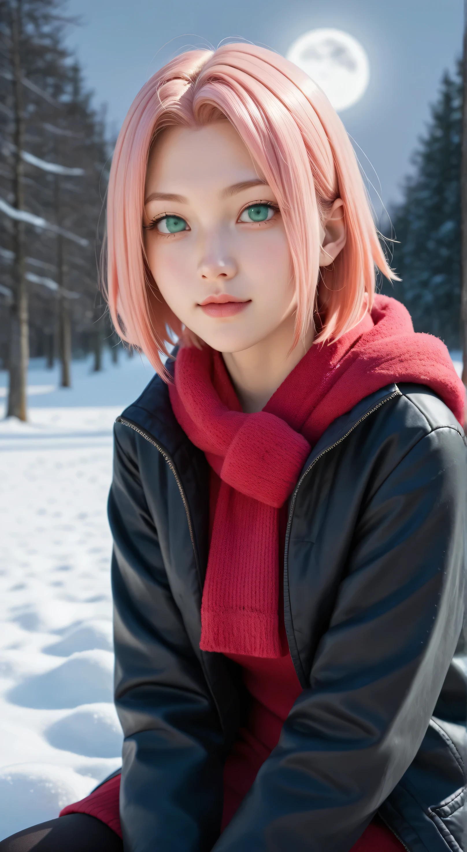 1girl, solo,haruno sakura,emerald eyes,pink hair,short hair,outdoors,potrait,small breast,nature,sidelocks,(early moon:1.5),red sunset,looking at viewer, front view,close up,black glove,(winter background:1.5),(daily outfit:1.5),navel,(sitting on snow:1.5)