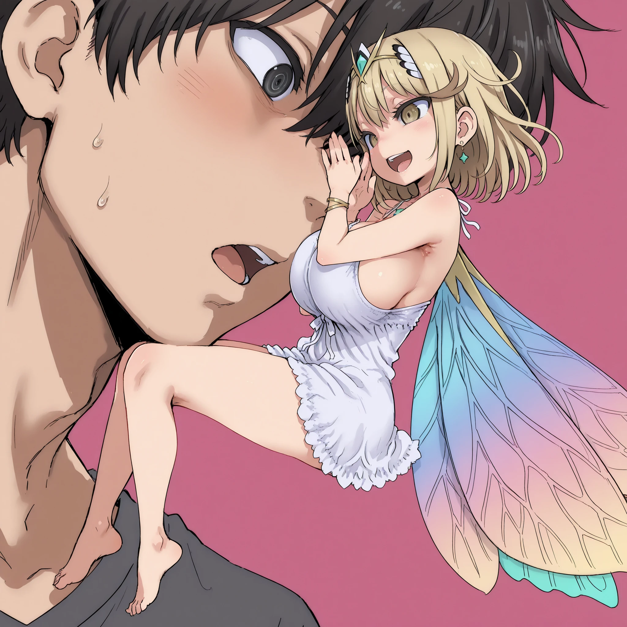 score_9, score_8_up, score_7_up, 1 girl, (top quality, 8k), high resolution, detailed, best quality, abstract pink background. (ringed eyes), open mouth, (evil smile:0.8), fairy girl, girl full body, femdom, source_anime, (miniature girl:1.2), minigirl, (size difference),
seduce,seductive, 1 girl, tiny detailed fairy features, girl is whispering to the boy , (oppai- loli:1.4), (open mouth), whispering to ear, perfect hands, babydoll nightgown, side boob, circlet, bracelet, colorful wings, butterfly wing, medium hair, flower ornament, floating on air,
high quality, absurd resolution, half-closed eyes, bare hands, assertive female, (huge breasts), full girl body,
looking at the boy, (ringed eyes), masterpiece, (bare feet), mythra xenoblade.
(boy ahegao drooling:0.8), (boy dilated pupils) eyes, (boy ahegao blushing:0.9,) open mouth, (boy ahegao:0.9), eyeroll, ahegao eyes, malesub, wearing armor, blushing, boy shy and nervous, submissive boy,
(art style of asanagi:1.1), (boy's face only), size difference, (the girl is as small as his head), perfect body, perfect anatomy, (doskoinpo style:0.8), balanced proportions, balanced face, side view, ear,