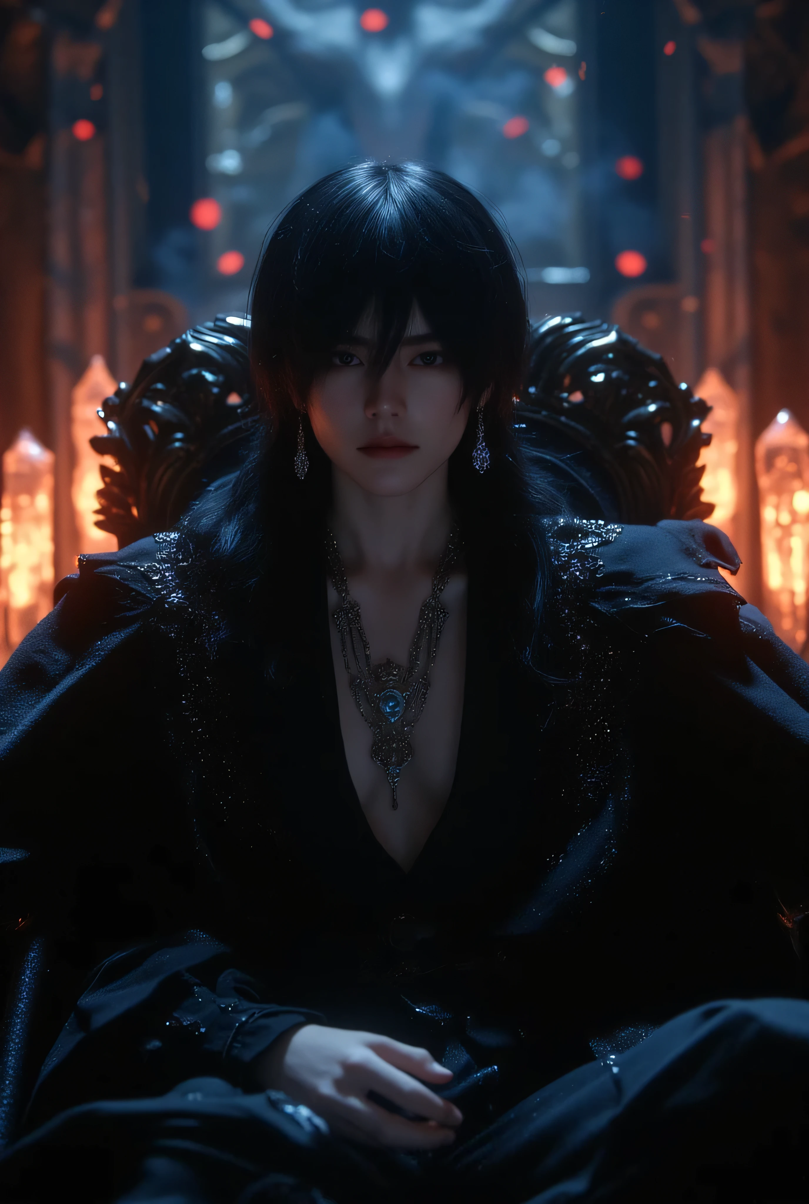 The big dark eyes are impressive((Straight long black hair is beautiful))Beautiful White, Smooth Silk Skin、Clean, high nose、gorgeous fantasy black costume、Gorgeous Jewel Necklace、gorgeous earrings、ultra-fine and precise real fantasy、Glowing Crystal Pillar、Dark Interior of Dracula's Castle、Magical Dark Room、Twilight、Dark Room in the Palace of Darkness、Very dim room、No expression、Quiet Young Man Sitting in a Luxurious Black King's Chair